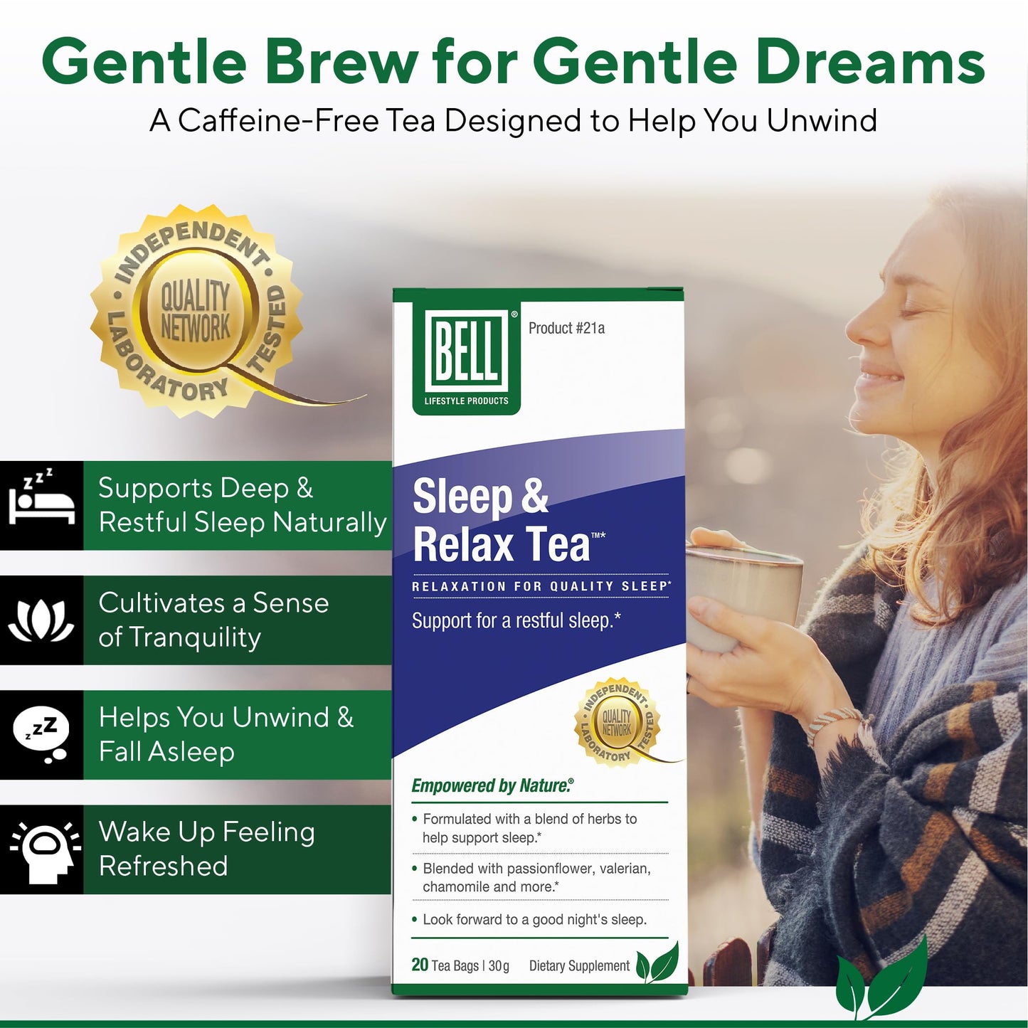 Bell Lifestyle Sleep & Relax Herbal Tea - Night Time Blend with Chamomile, Passionflower, Linden, Valerian, 100% Natural, Vegan, Caffeine-Free - 20