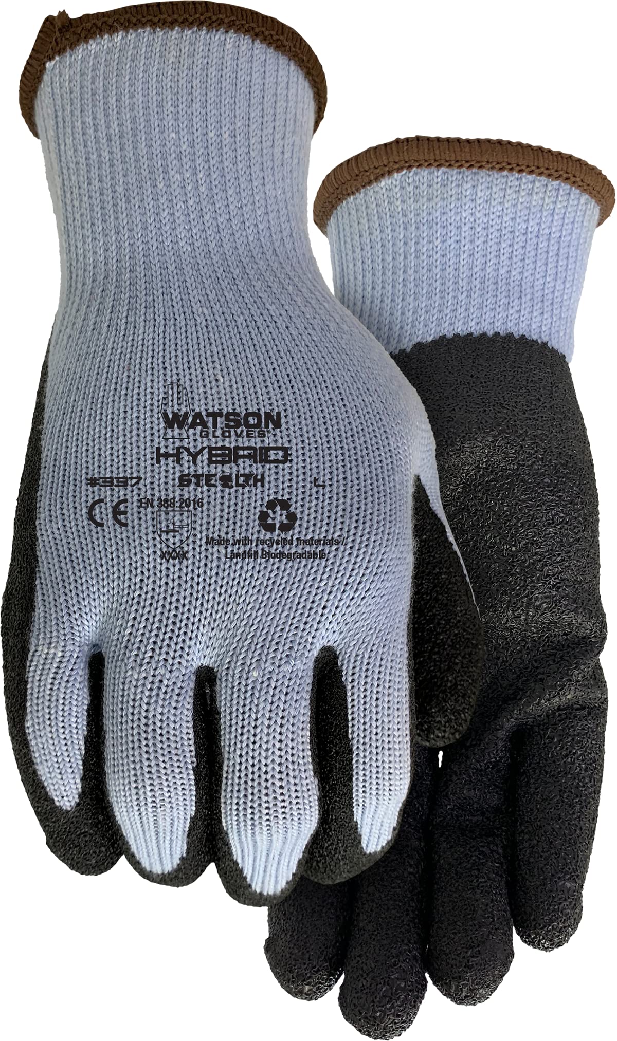 Watson Gloves, #337 - Stealth Hybrid, Sustainable Water Resistant Work Glove with Crinkle Latex Palm (1 Pair, Medium)