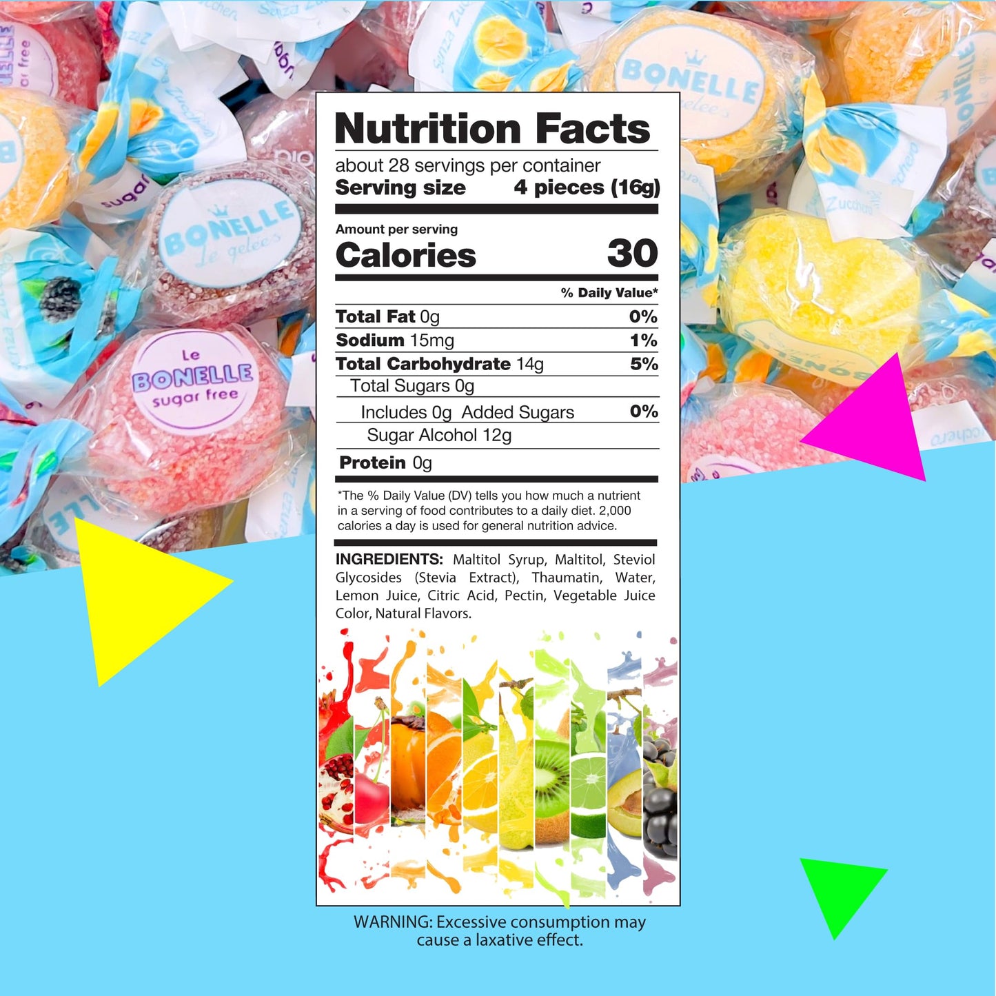 Bonelle Italian Sugar Free Fruit Jelly Candy | 1 Pound Bag | Individually Wrapped Vegan Dye Free Candy | Naturally Flavored Sugar Free Jellies |