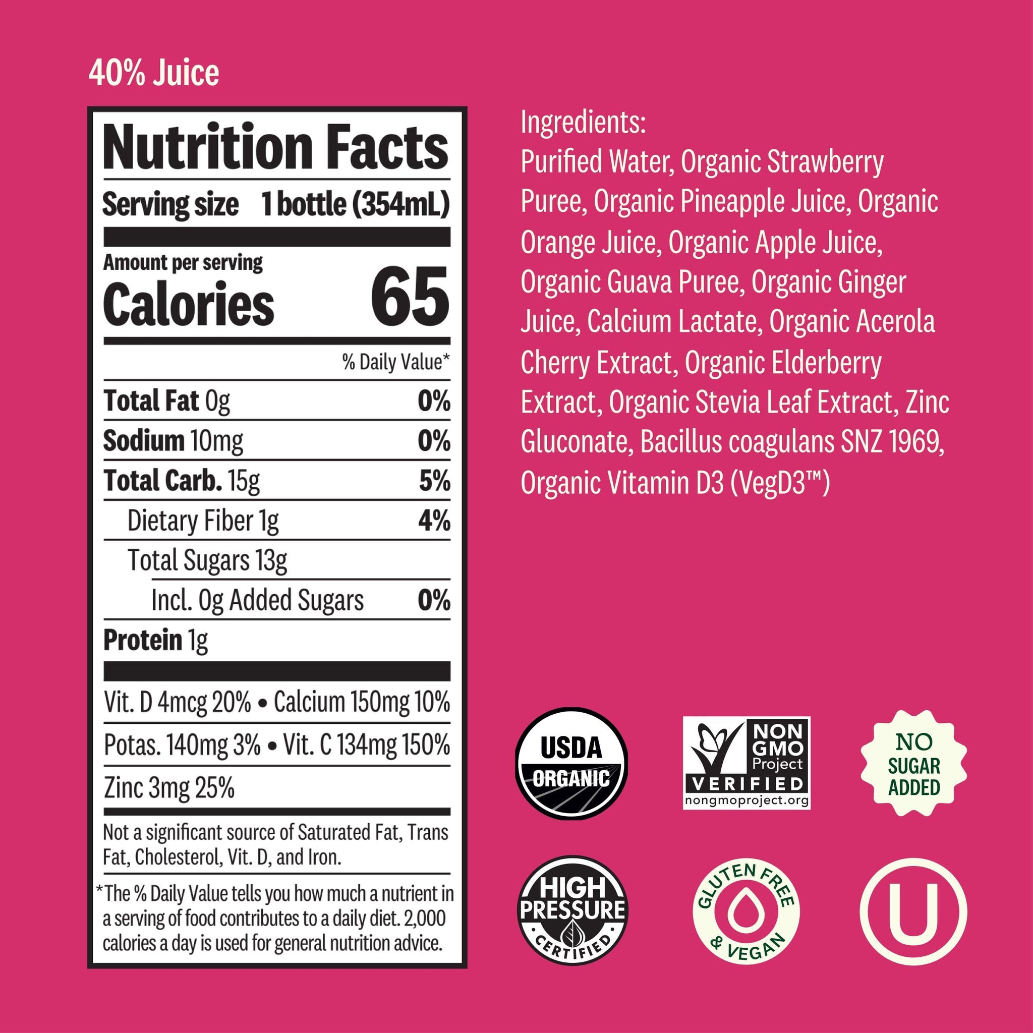 Suja Organic Immunity Strawberry Guava Cold Pressed Juice Drink, 12 fl oz Bottle