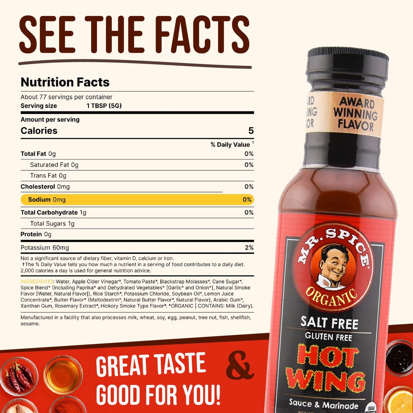Mr. Spice Organic Hot Wing Sauce, Salt Free Hot Wing Sauce (0mg/serving), Gluten Free, Low Sodium Sauces for Marinade, Grill & Air Fryer, No Salt