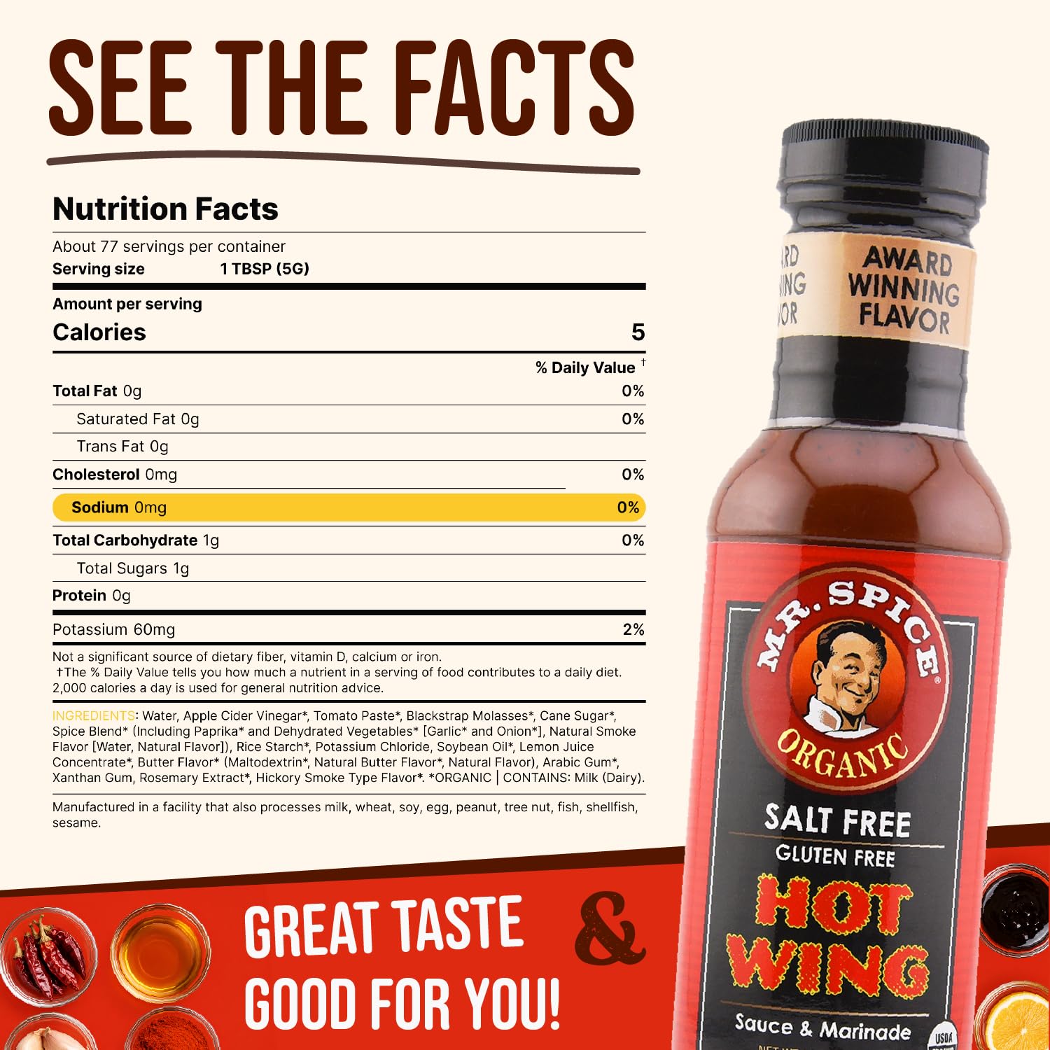 Mr. Spice Organic Hot Wing Sauce, Salt Free Hot Wing Sauce (0mg/serving), Gluten Free, Low Sodium Sauces for Marinade, Grill & Air Fryer, No Salt