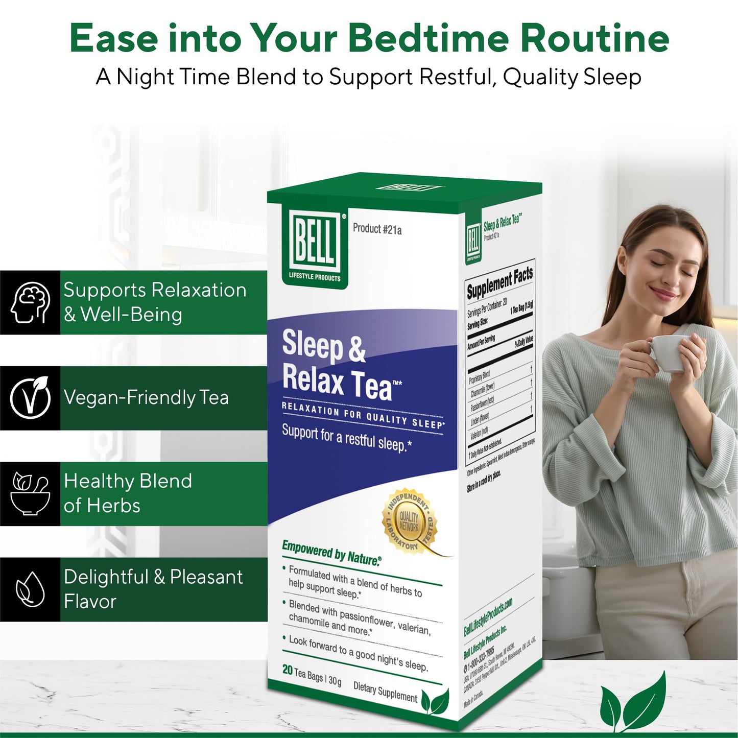 Bell Lifestyle Sleep & Relax Herbal Tea - Night Time Blend with Chamomile, Passionflower, Linden, Valerian, 100% Natural, Vegan, Caffeine-Free - 20