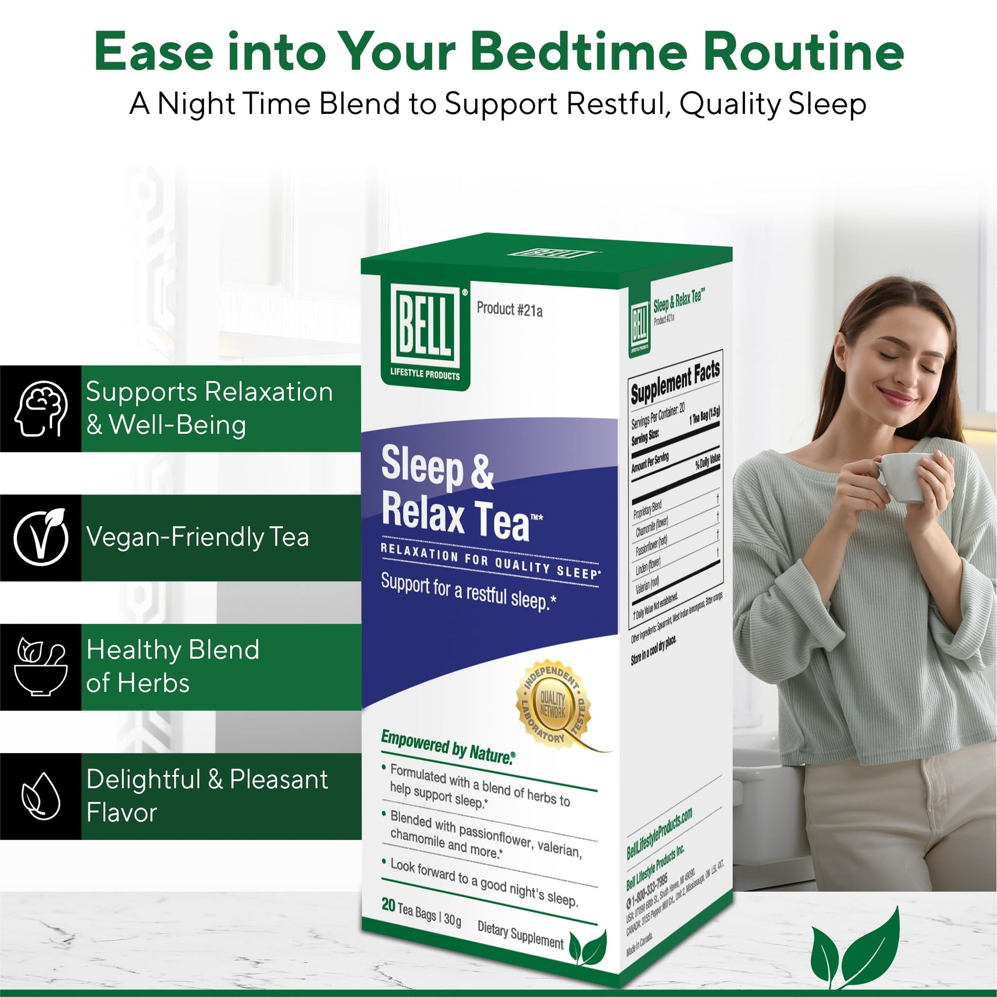 Bell Lifestyle Sleep & Relax Herbal Tea - Night Time Blend with Chamomile, Passionflower, Linden, Valerian, 100% Natural, Vegan, Caffeine-Free - 20