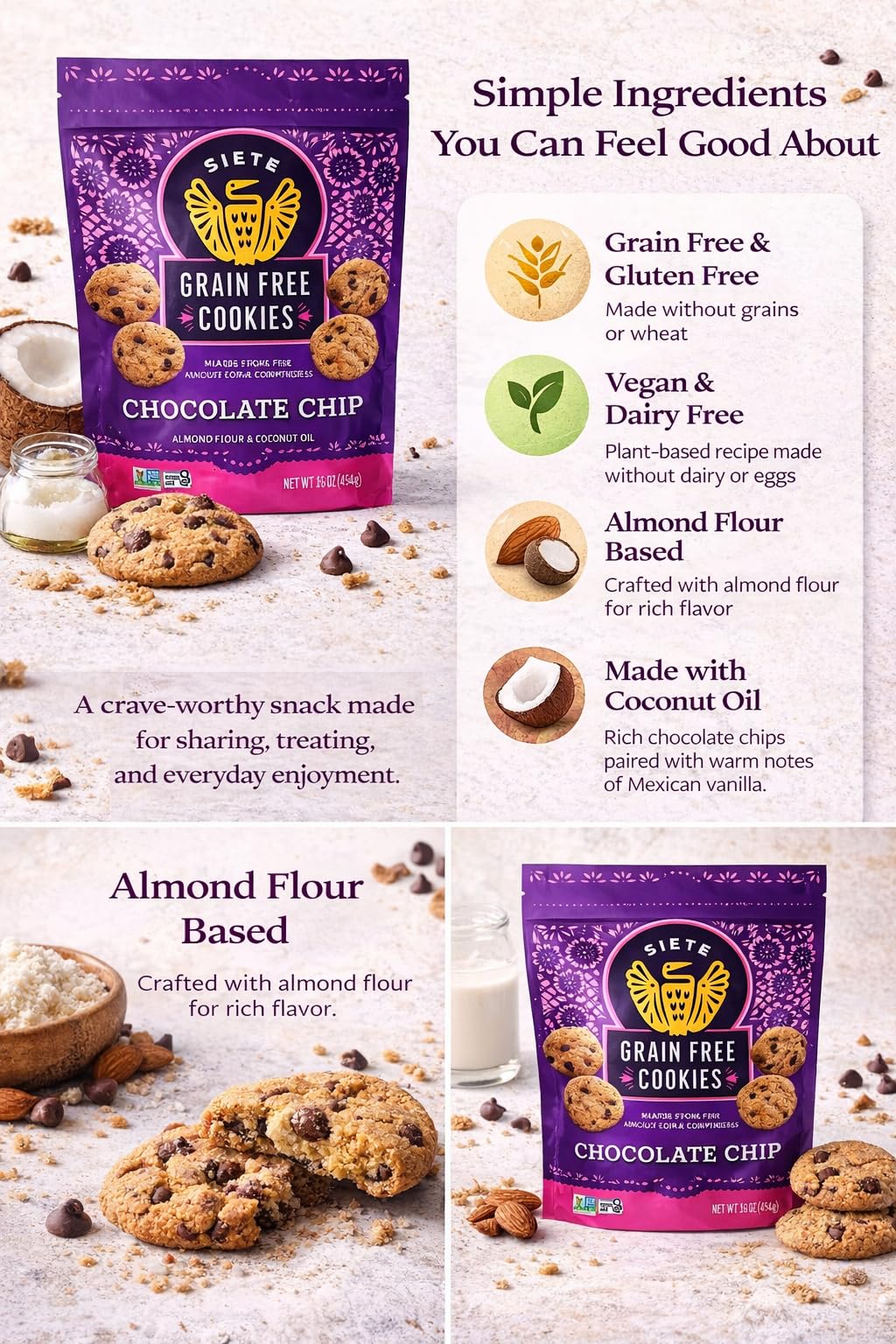 Siete Grain Free Cookies Mexican Vanilla Chocolate Chip - Gluten Free Vegan Cookies - Almond Flour Cookies with Coconut Oil - Dairy Free, Paleo