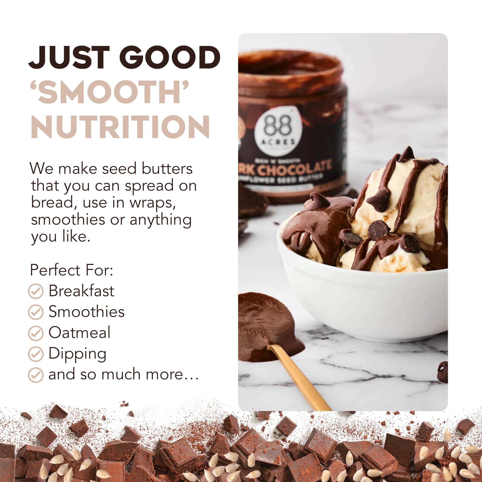 88 Acres Organic Sunflower Seed Butter, Dark Chocolate, 14 oz Jar, 2 Pack, Butter Spread with 5g Plant-Based Protein, Gluten Free, Nut Free, Vegan