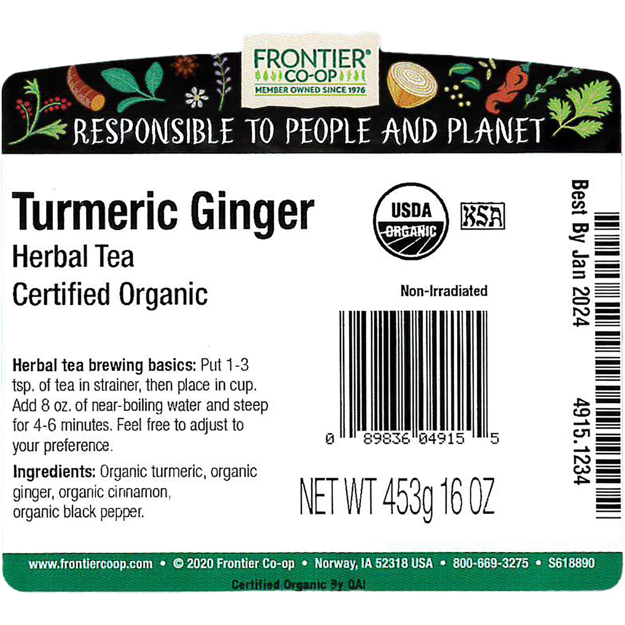 Frontier Co-op Organic Turmeric Ginger Blend, 1lb Bulk Bag - Warming Tea Blend for Turmeric Ginger Tea, Smoothies, Cooking and Health Remedies, Kosher
