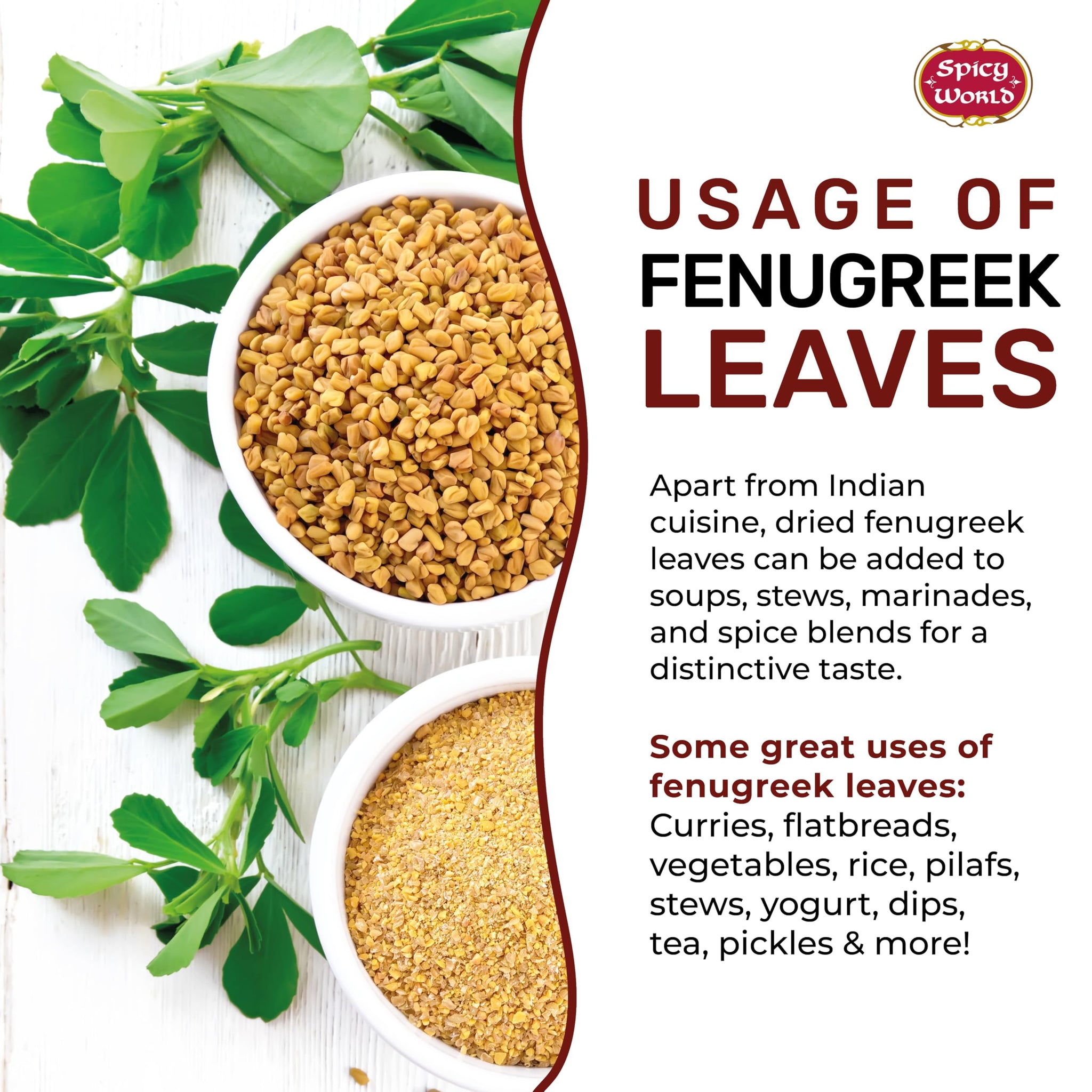 Spicy World Dried Fenugreek Leaves (Kasoori Methi) 3.5oz Box (100g) - All Natural | Vegan | Gluten Friendly | NON-GMO | Indian