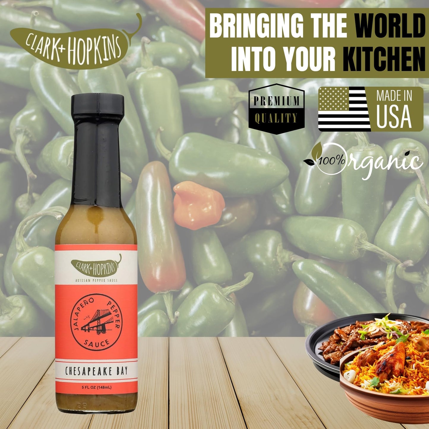 Clark & Hopkins Chesapeake Bay Jalapeno Pepper Sauce, Zesty Pepper Hot Sauce, Ginger, Bay Leaf and Mustard Flavored Sauce, 5 oz (1 Pack)