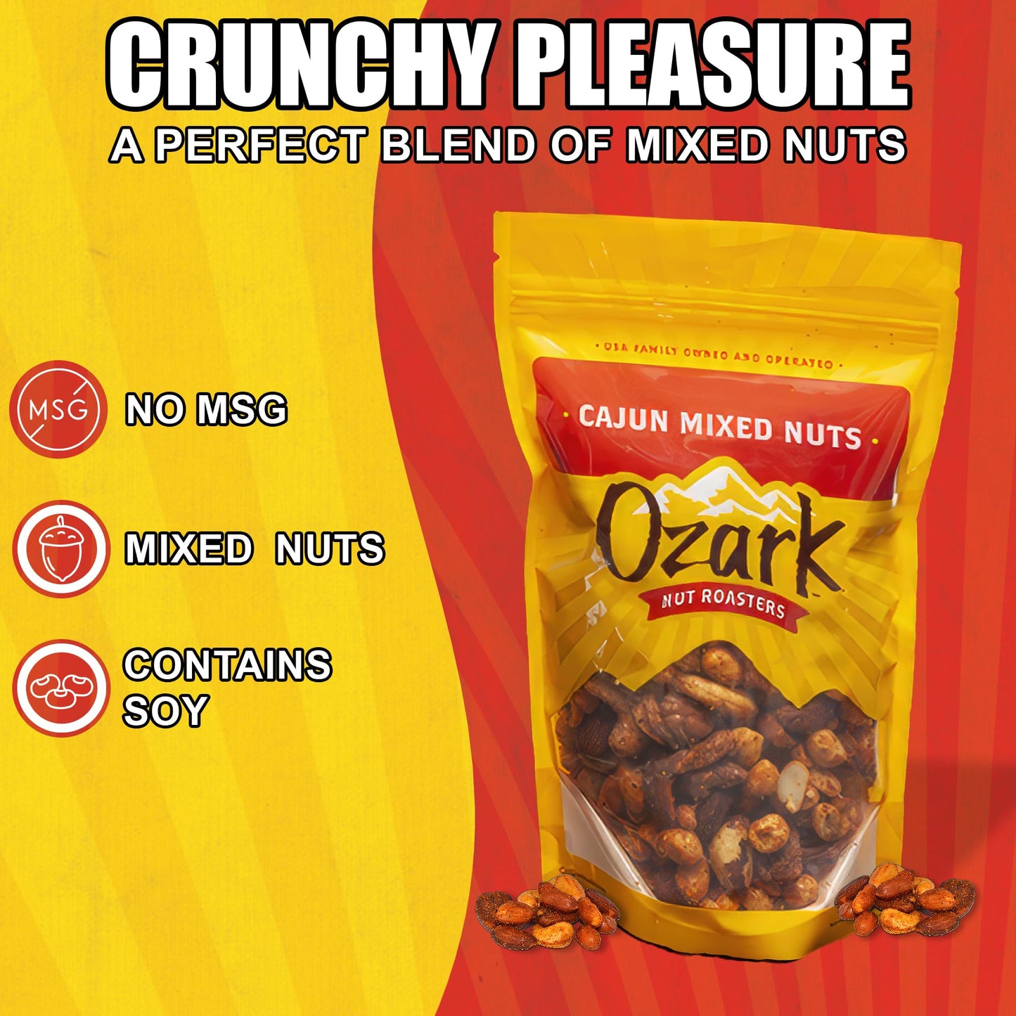OZARK NUT ROASTERS, Cajun Mixed Nuts, Hot & Spicy Flavored Snack Nuts, Blend of Pecans, Peanuts, Cashews, Almonds & Brazilian Nuts Pack of 1 (16 oz)