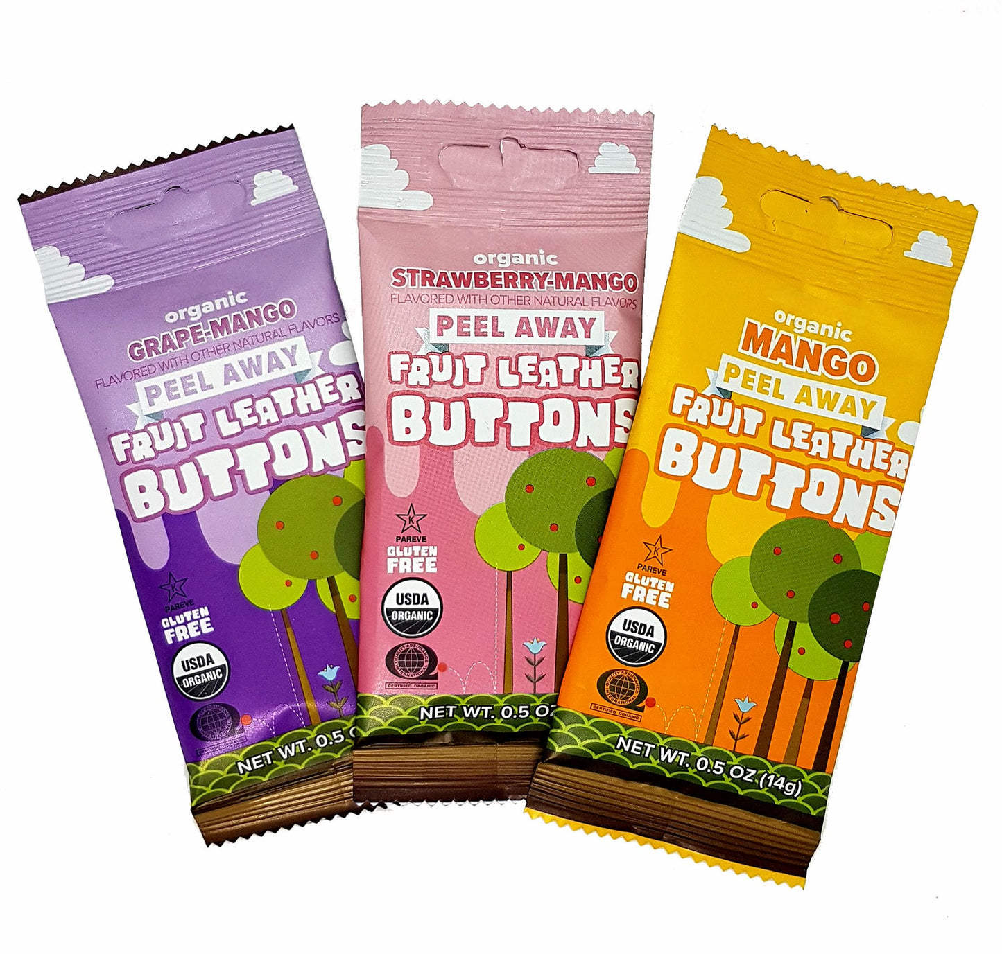 Gift Set of Trader Joe's Organic Fruit Leather Buttons Peel Away Variety Pack 3 Flavors(Mango, Strawberry-Mango, Grape-Mango) 3 Each (9-Piece Set)
