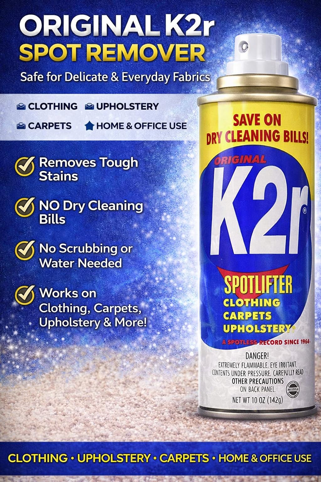 K2R SpotLifter Spot Remover Spray - Quick-Drying Stain Remover for Clothing, Carpets, Upholstery & Wallpaper - Built-In Brush Cap for No-Mess