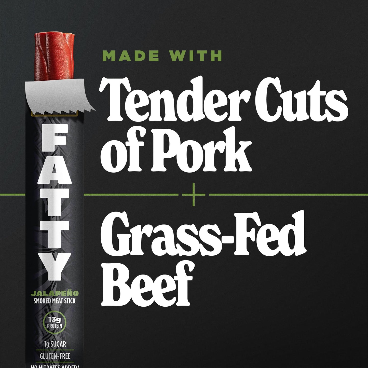 FATTY Meat Sticks, Made with Grass Fed Beef, Pork Raised Without Antibiotics, 13g Protein Per Stick, Jalapeno, 2 oz. (Pack of 5)