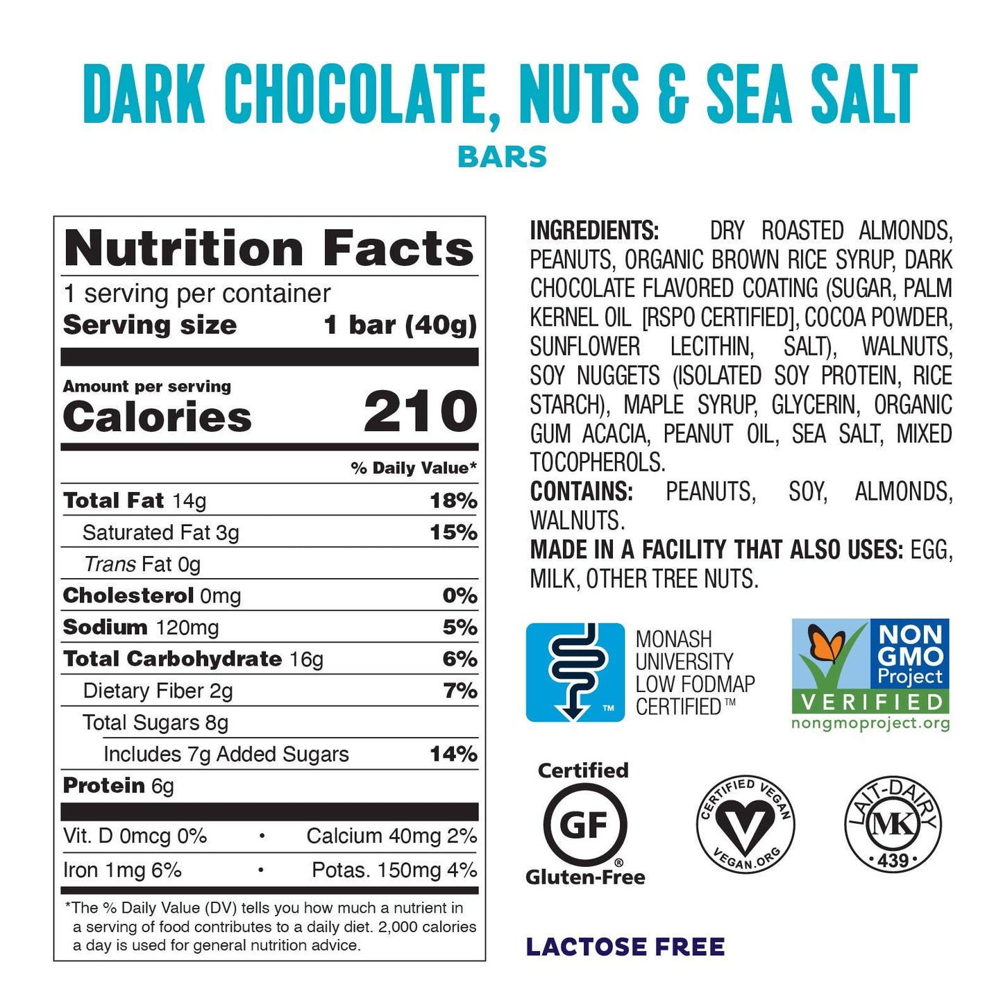 Fody Foods Snack Bars, Dark Chocolate Nuts & Sea Salt, 1.41 Oz (Pack of 6), 5g Protein, Low FODMAP, Gut & IBS Friendly, Vegan, Lactose Free, Non-GMO