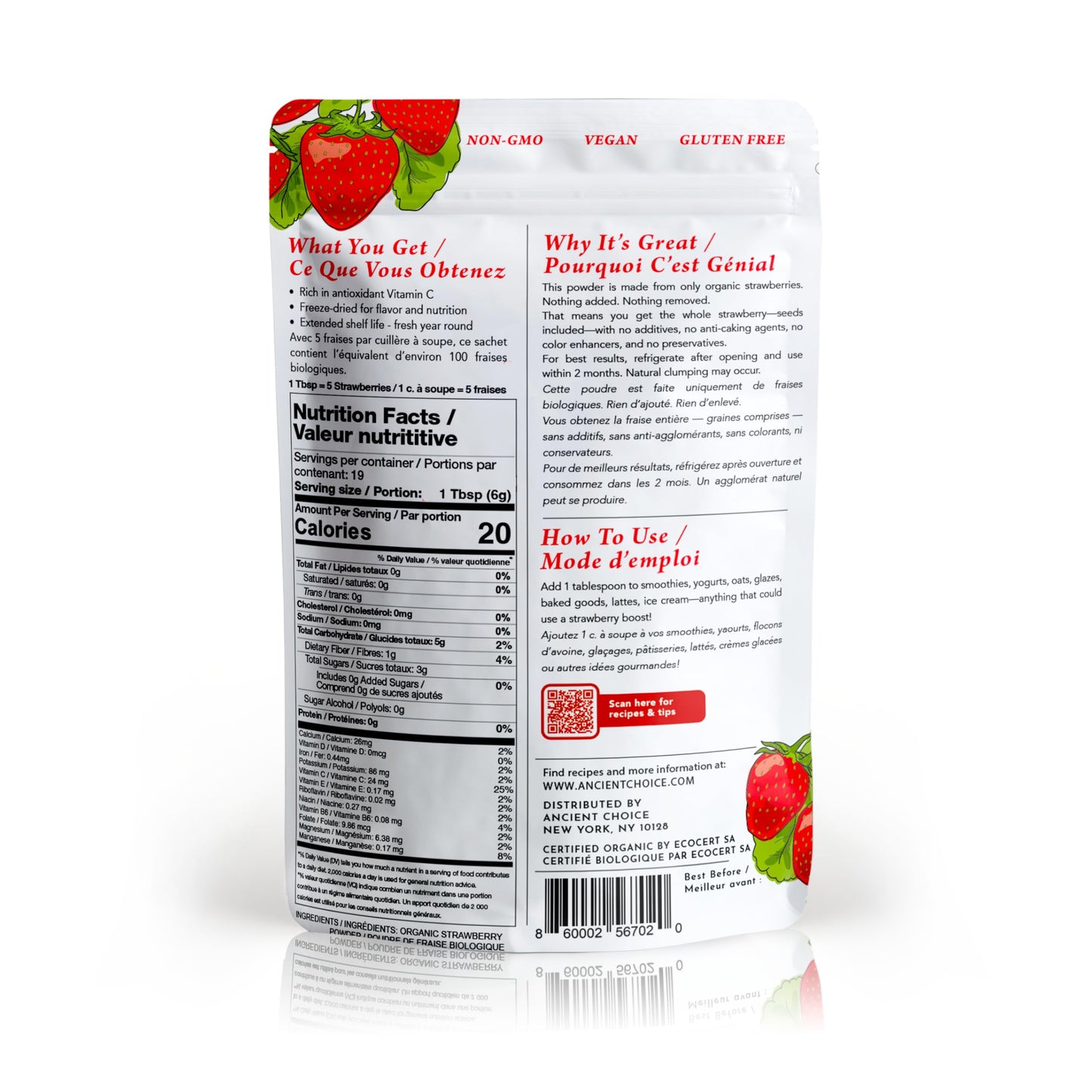 Ancient Choice - Strawberry Powder (4 ounces) | USDA Organic | Freeze Dried | Non-GMO | Milk | Baking | Hiking | Vegan Superfood | Vegetarian |