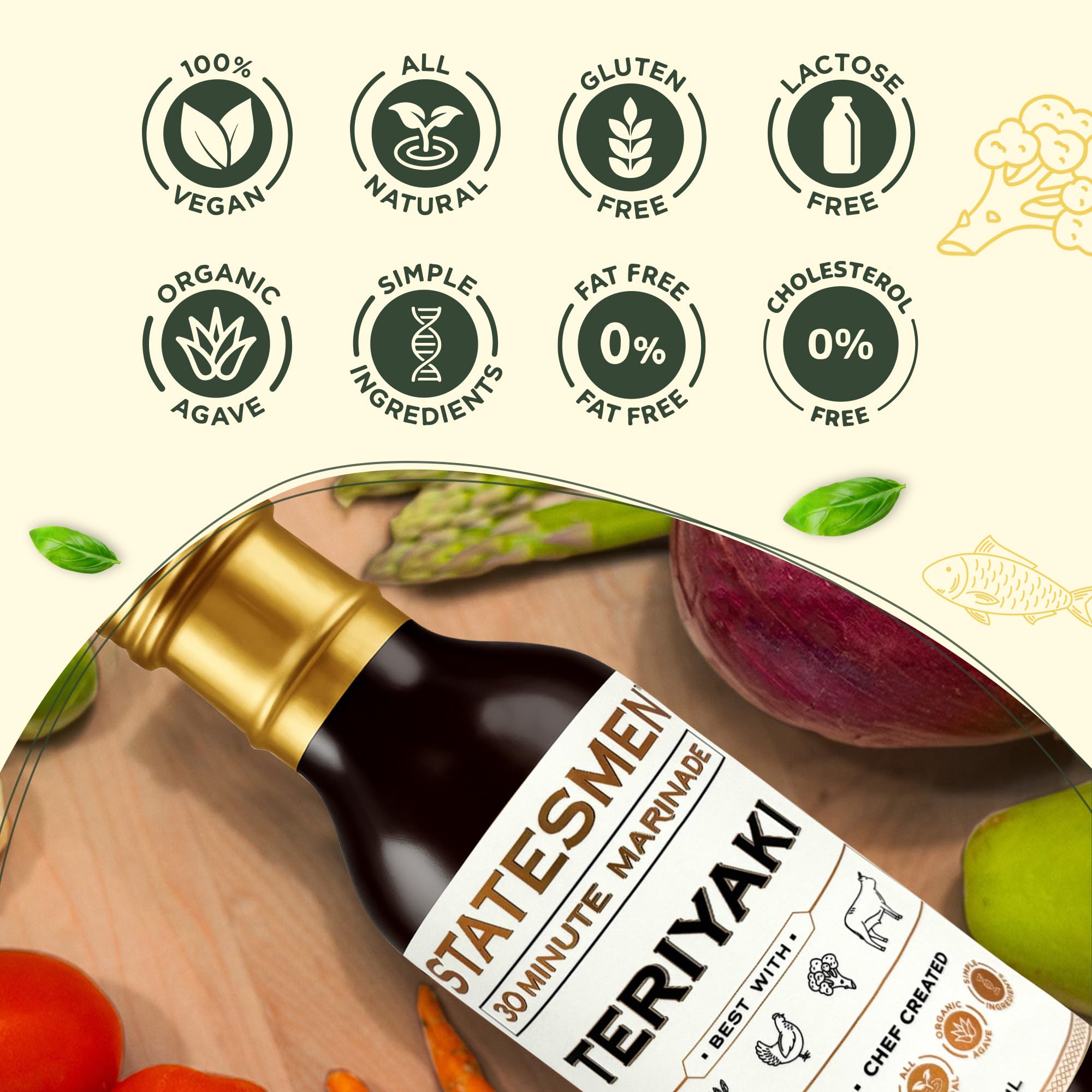 Statesmen Teriyaki 30 Minute Marinade, 12 oz - Gluten-Free, Vegan, Lactose-Free Japanese-Style Marinade for Chicken, Shrimp, Beef & Vegetables
