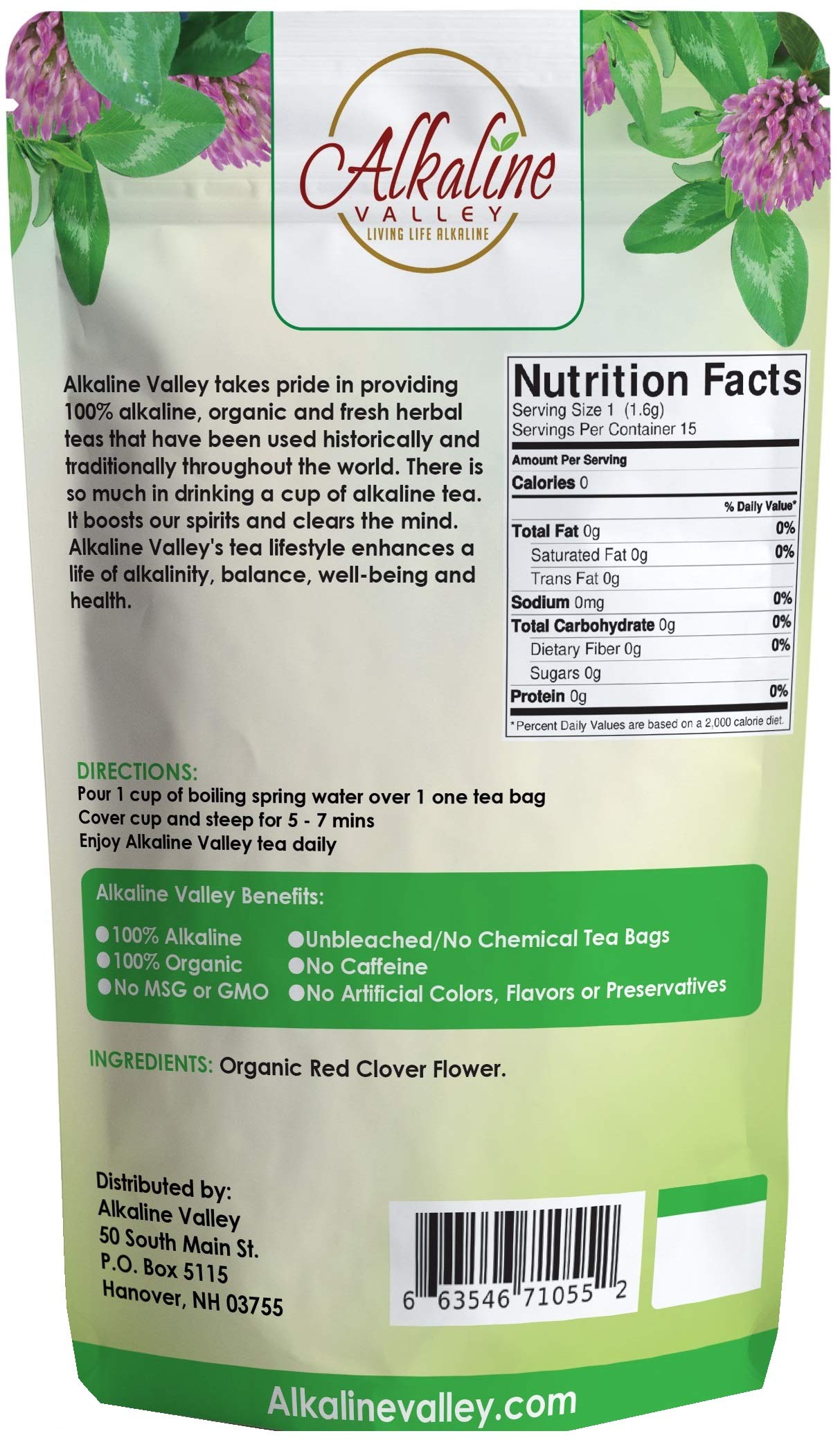Organic Red Clover Tea - 100% Alkaline - 15 Unbleached/Chemical-Free Red Clover Tea Bags - Caffeine-Free, No GMO