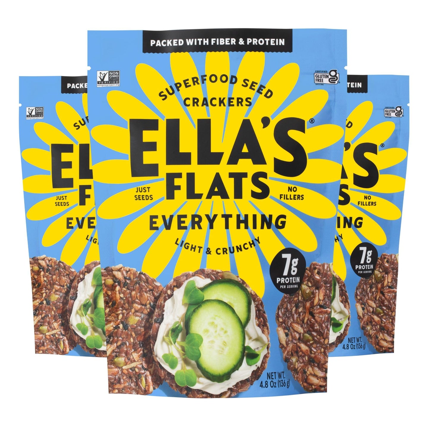ELLA’S FLATS® Everything All Seed Savory Crisps - All Natural, Gluten Free, Good Source of Protein, High Fiber, Vegan and Keto Friendly (3 Pack)