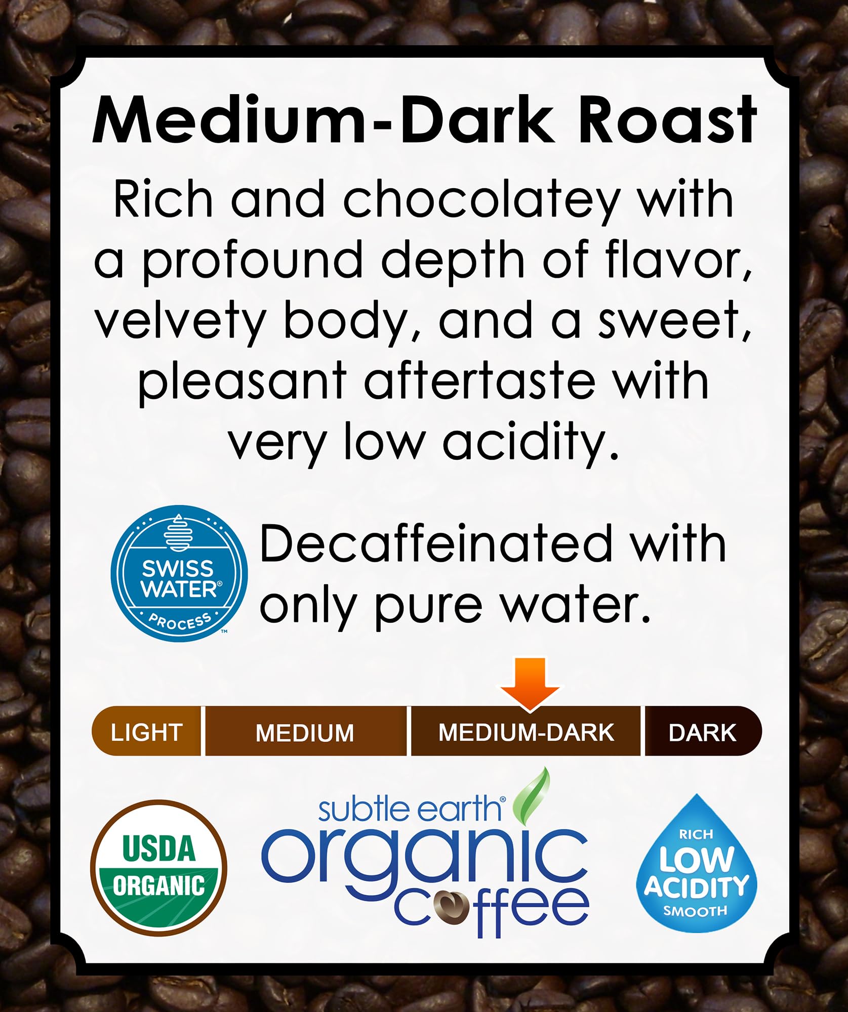2LB Subtle Earth Organic Decaf - Swiss Water Process Decaf - Medium Dark Roast - Whole Bean Coffee - Low Acidity - Organic Certified by CCOF - 2 Pound