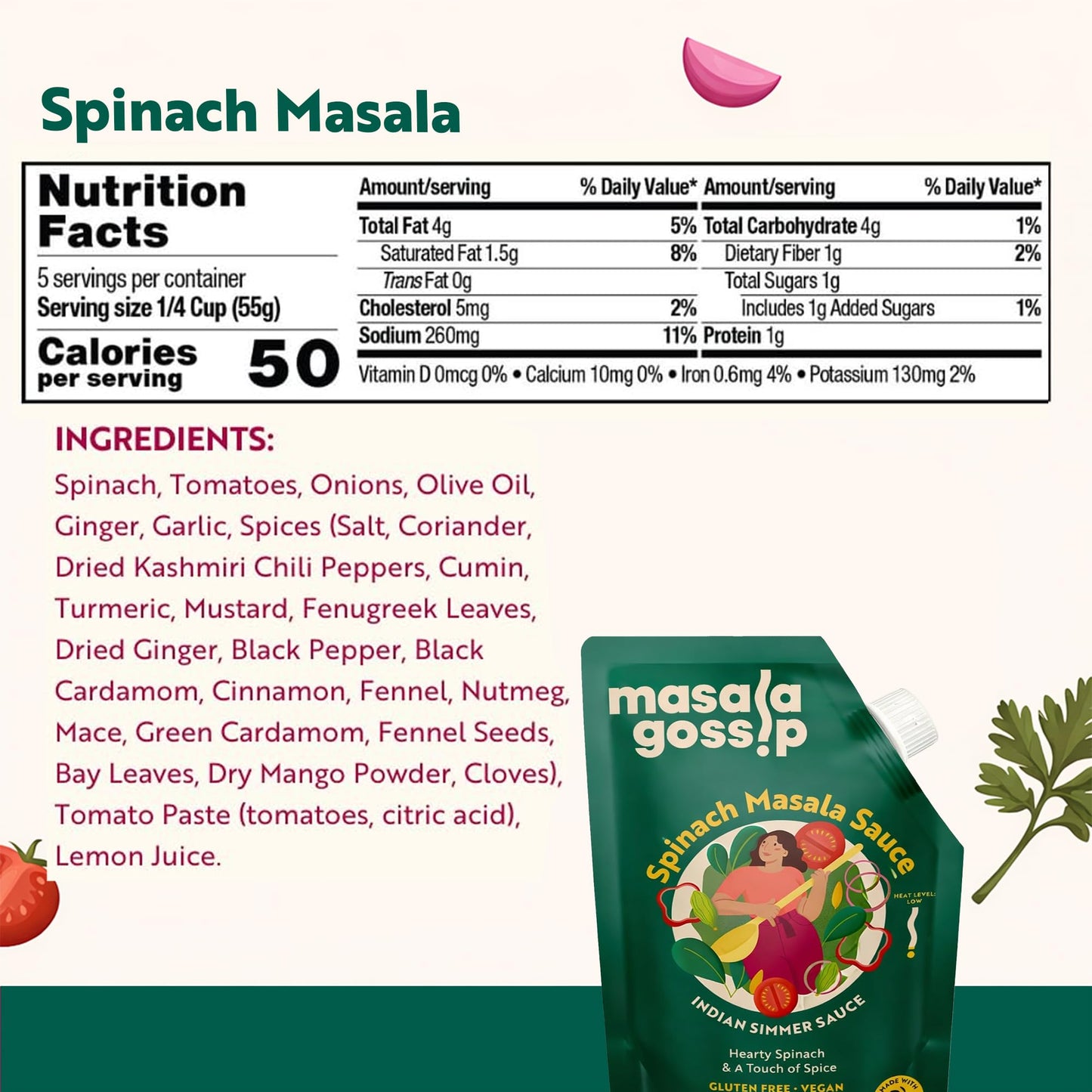 Masala Gossip Spinach Masala Simmer Sauce 10 oz - Authentic Curry Sauce - Plant-Based, Gluten-Free, Seed Oil Free, No Artificial Preservatives - 10 oz
