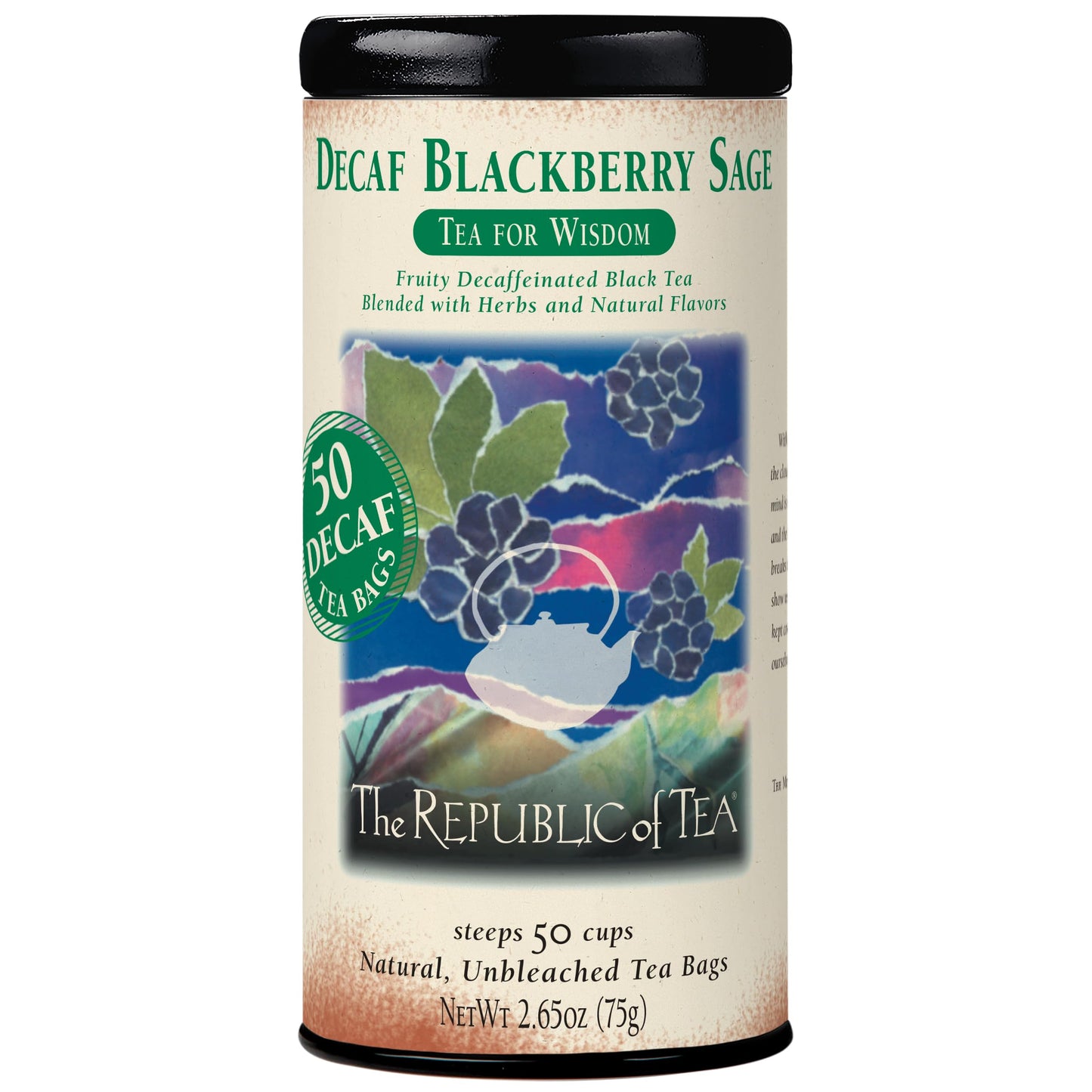 The Republic of Tea - Decaf Blackberry Sage Black Tea Tin, 50 Tea Bags, Environmentally- Friendly Decaffeinated Tea
