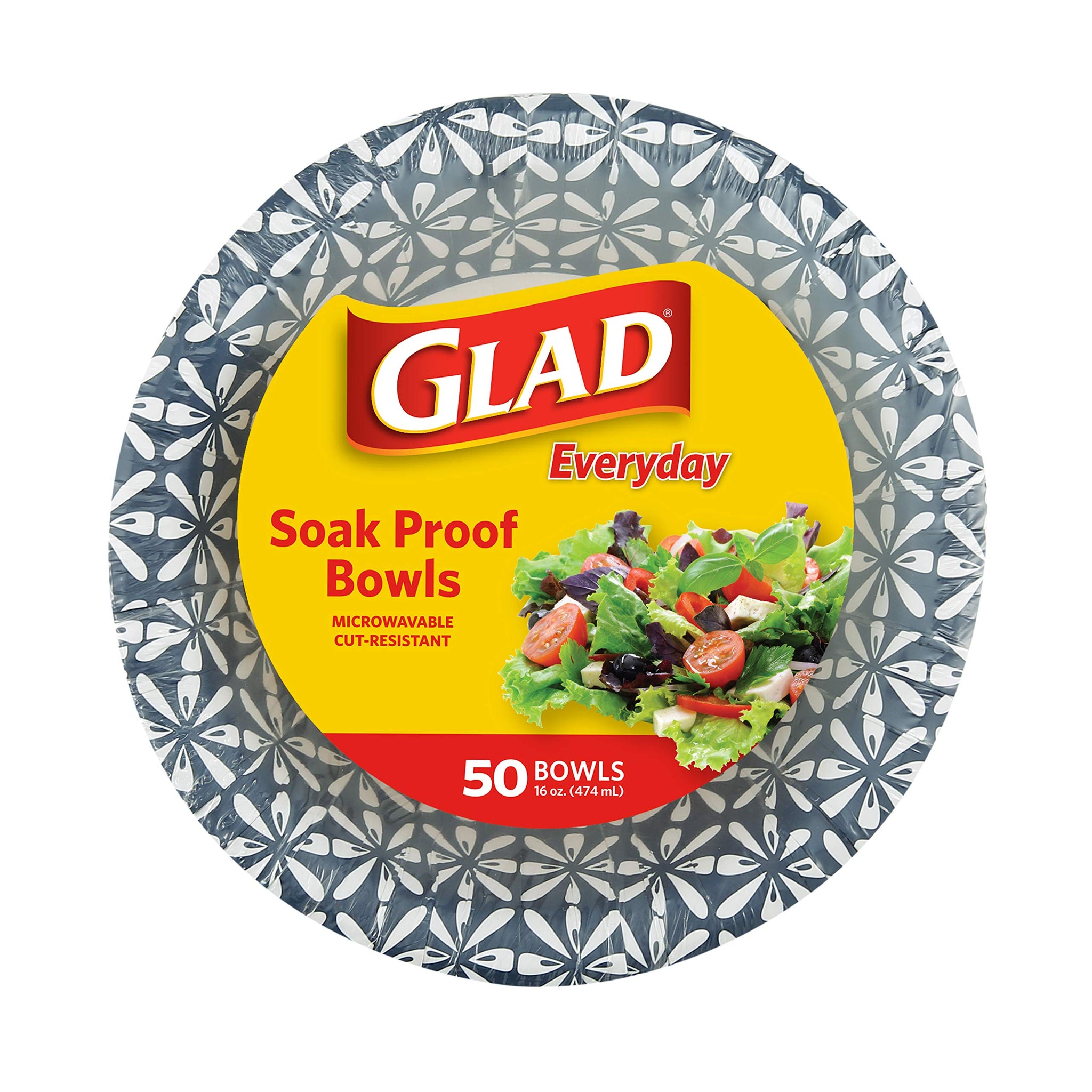 Glad Round Disposable Paper Bowls, Blue Mosaic Design - Heavy Duty, Soak-Proof, Cut-Resistant, Microwavable Paper Bowls for All Foods, Daily Use