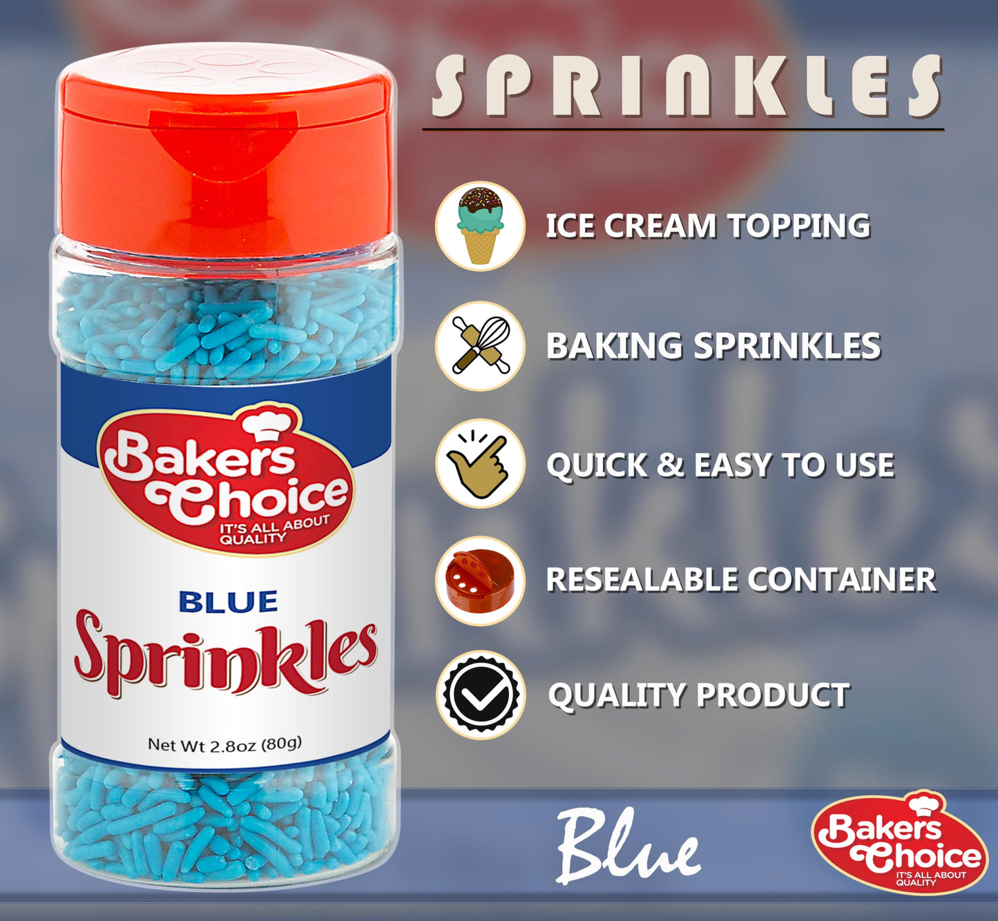 Baker’s Choice, Blue Sprinkles, Dairy-free, 2.8 oz