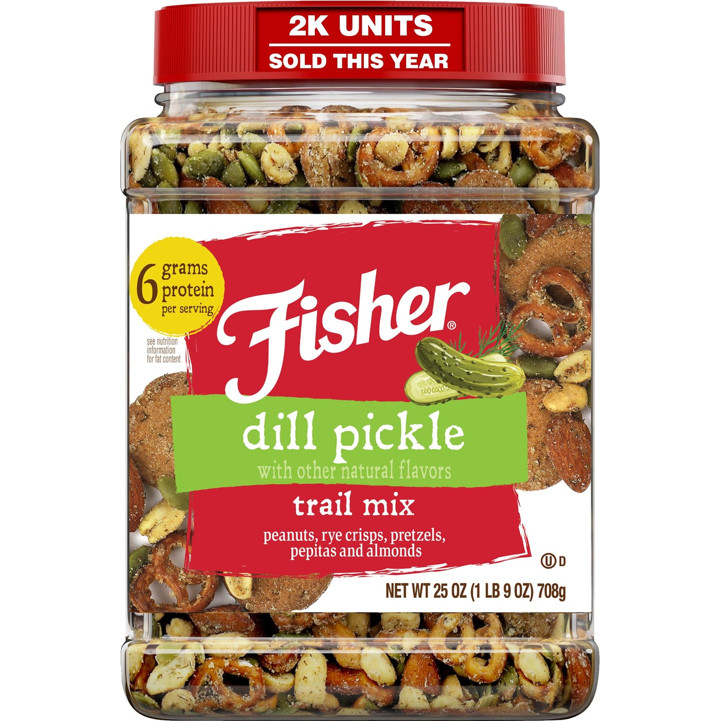 Fisher Dill Pickle Trail Mix, 25 oz (Pack of 1), Resealable Jar, Peanuts, Rye Crisps, Pretzels, Pepitas & Almonds, 6 g Protein Snacks, No Artificial