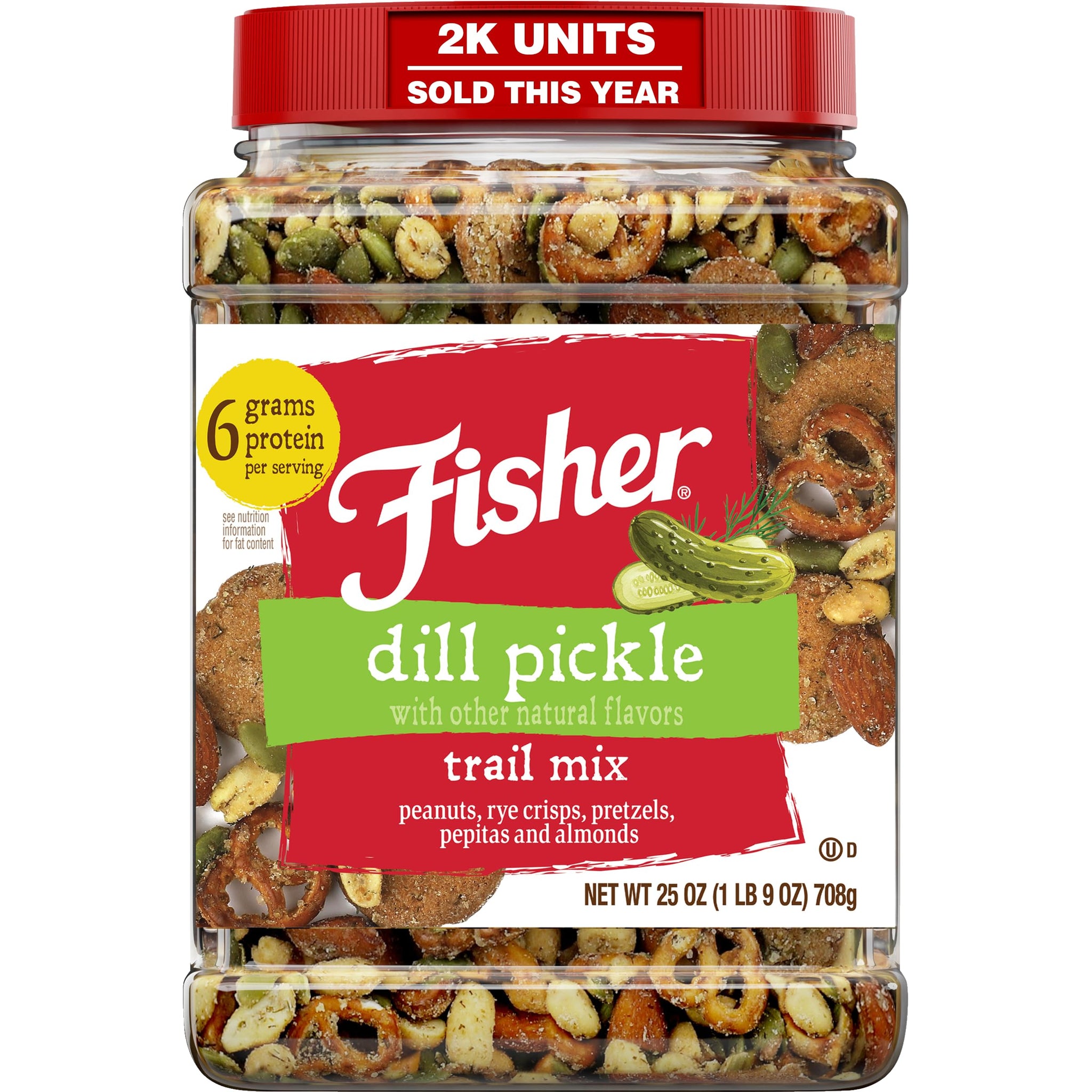 Fisher Dill Pickle Trail Mix, 25 oz (Pack of 1), Resealable Jar, Peanuts, Rye Crisps, Pretzels, Pepitas & Almonds, 6 g Protein Snacks, No Artificial