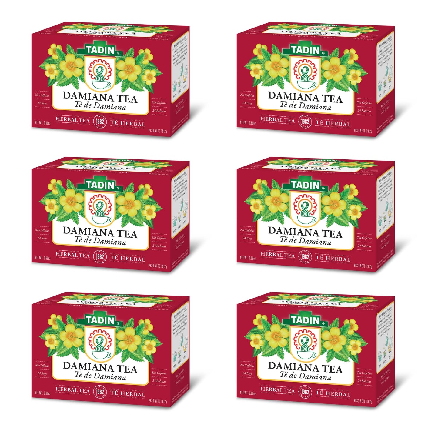 Tadin Damiana Tea, Herbal Tea, Caffeine Free, 24 Tea Bags Per Box, Pack of 6