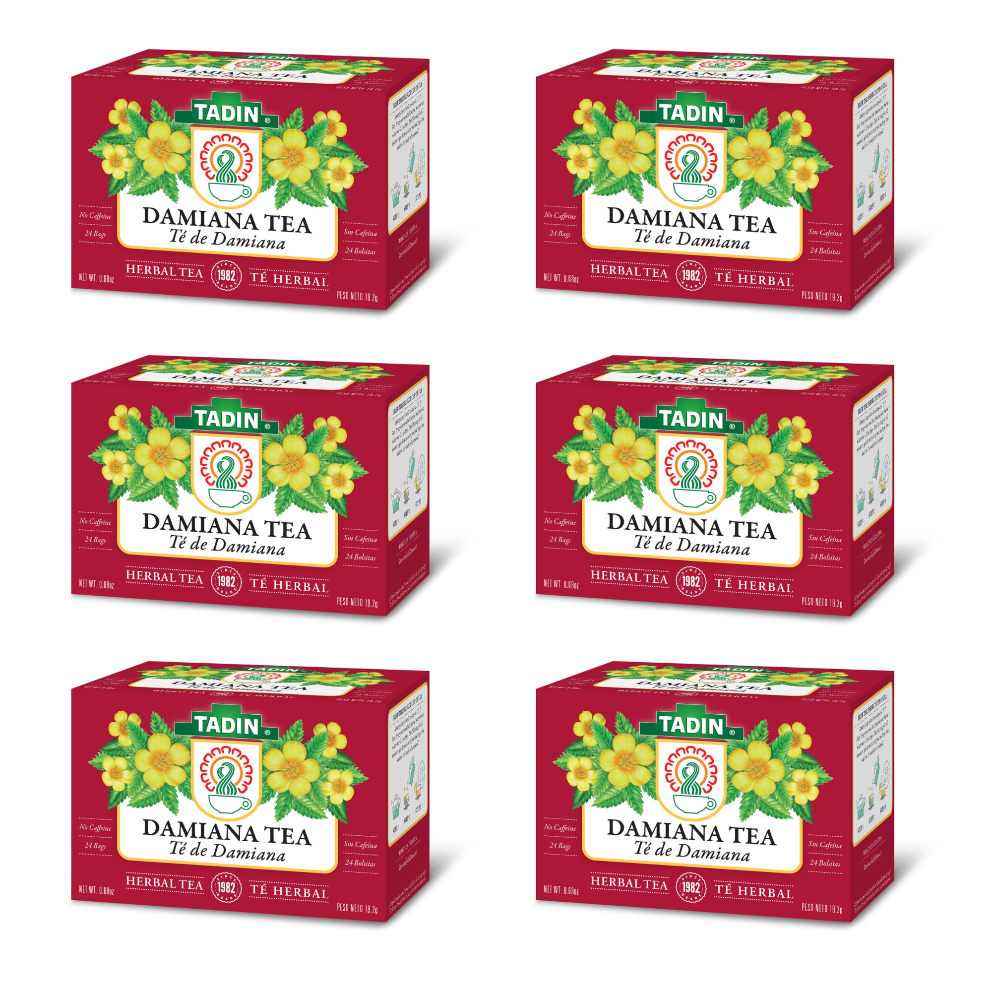 Tadin Damiana Tea, Herbal Tea, Caffeine Free, 24 Tea Bags Per Box, Pack of 6