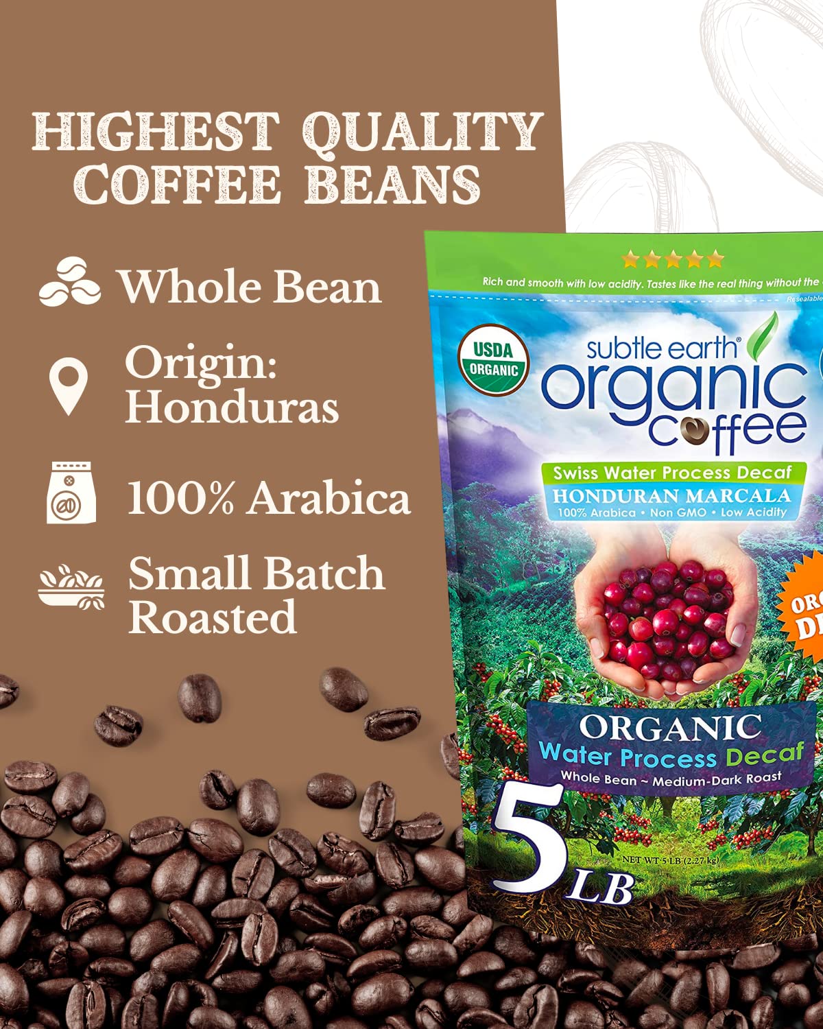 5LB Subtle Earth Organic Decaf - Swiss Water Process Decaf - Medium Dark Roast - Whole Bean Coffee - Low Acidity - Organic Certified by CCOF - 5 Pound