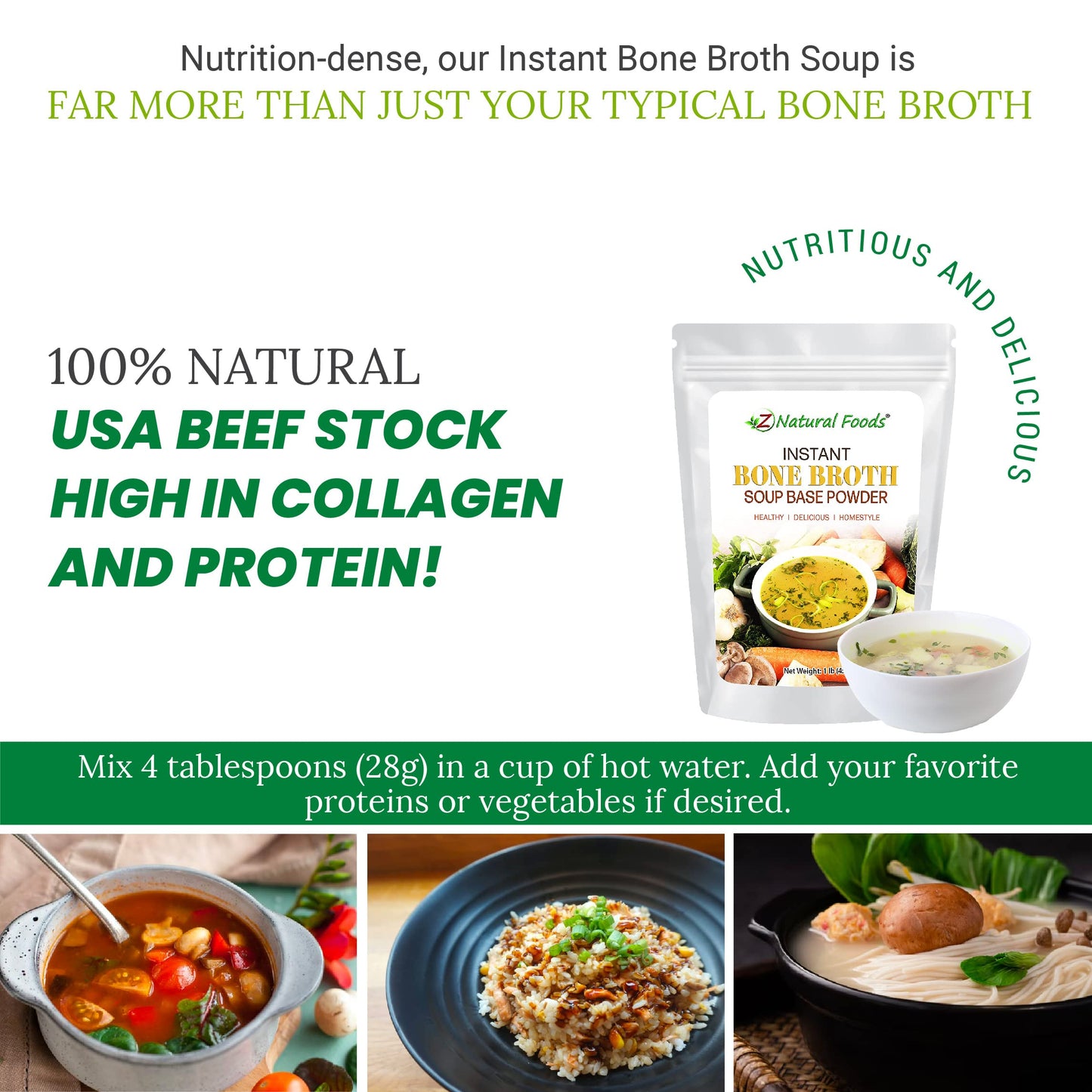 Instant Bone Broth Soup Powder - Rich Umami Flavor packed with Collagen, Keto and Paleo Friendly - 1 lb