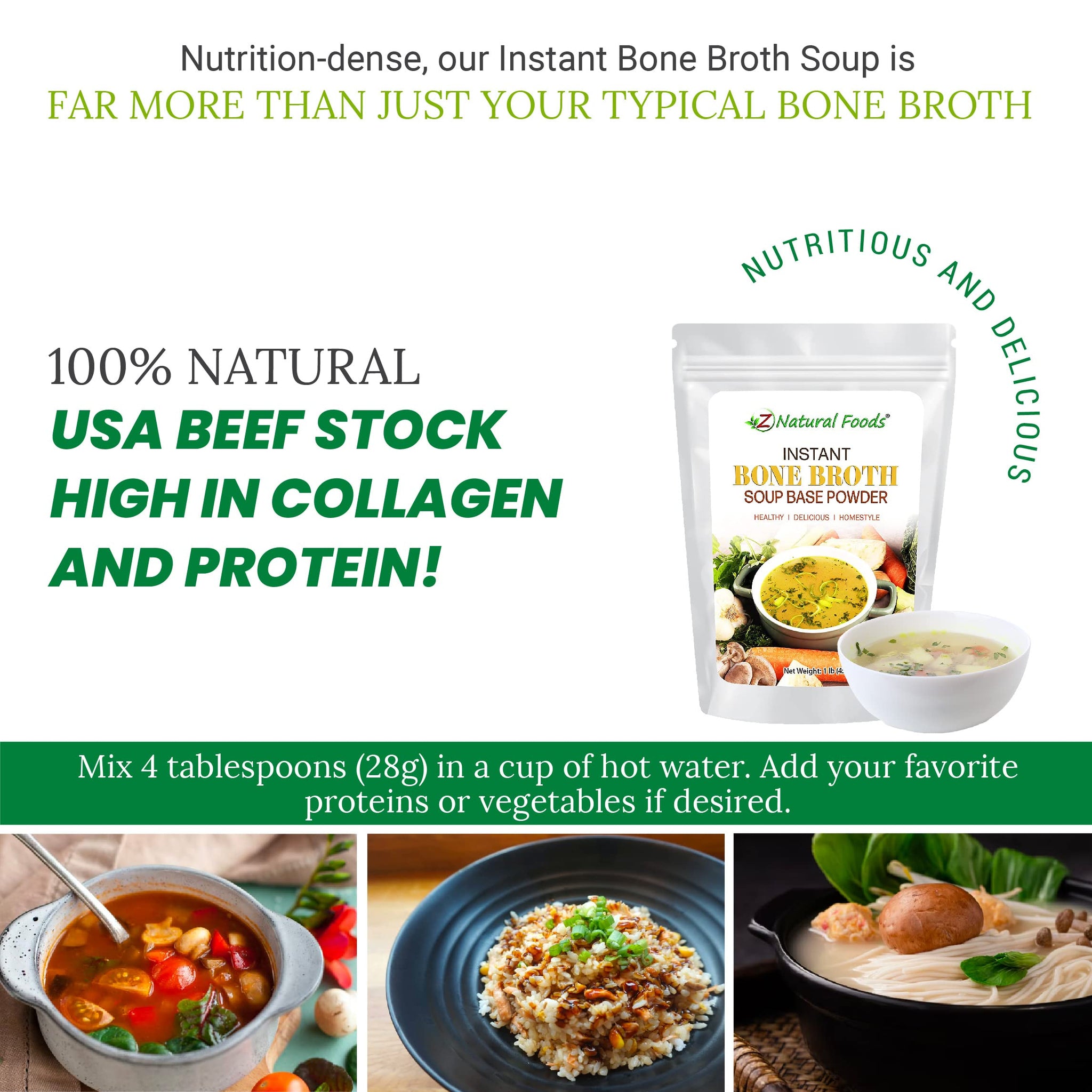 Instant Bone Broth Soup Powder - Rich Umami Flavor packed with Collagen, Keto and Paleo Friendly - 1 lb