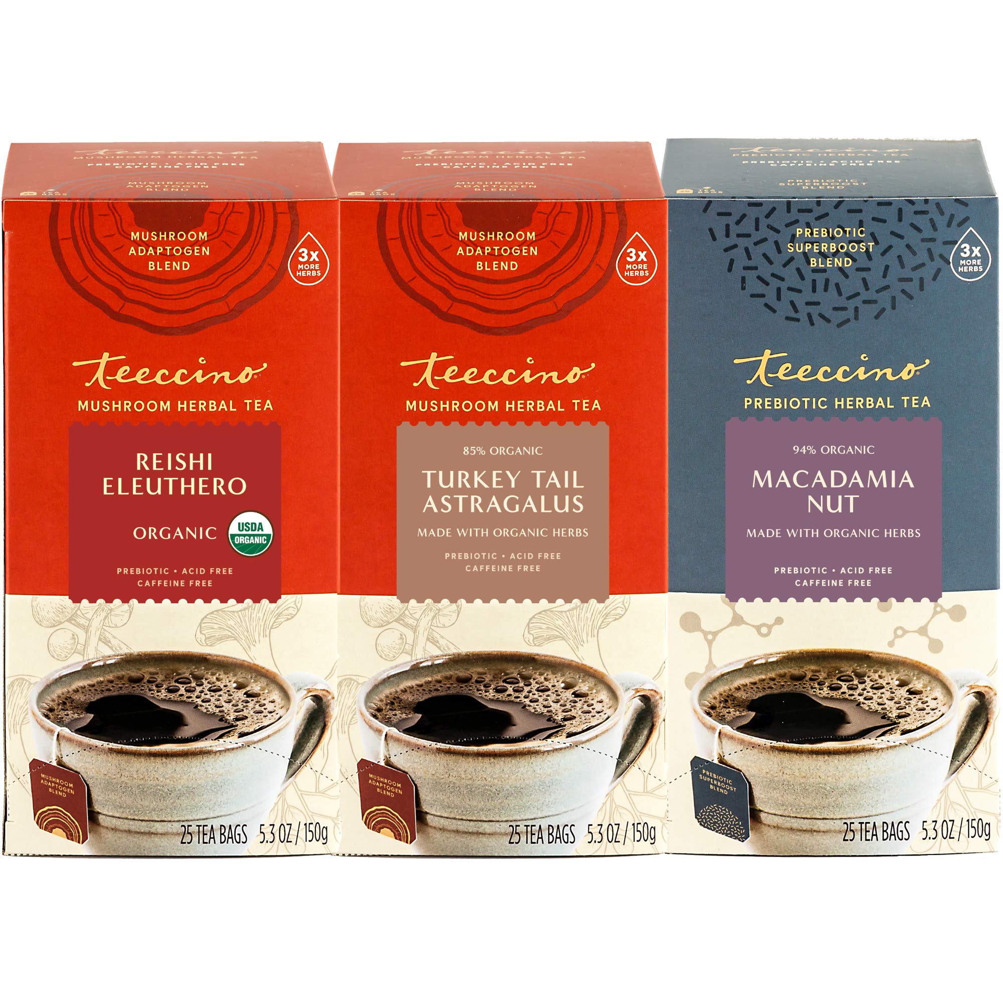 Teeccino Herbal Tea Variety Pack - Reishi Eleuthero French Roast, Turkey Tail Astragalus, & Macadamia Nut - Mushrooms & Adaptogenic Herbs, 25 Count