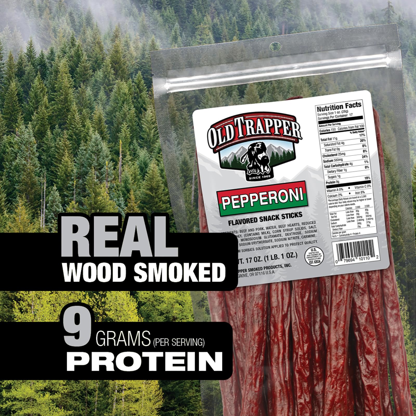 Old Trapper Pepperoni Snack Sticks, 17-Ounce Resealable Bag, Natural Wood Smoked Meat Sticks, 9 Grams of Protein and 150 Calories Per Ounce (Pack