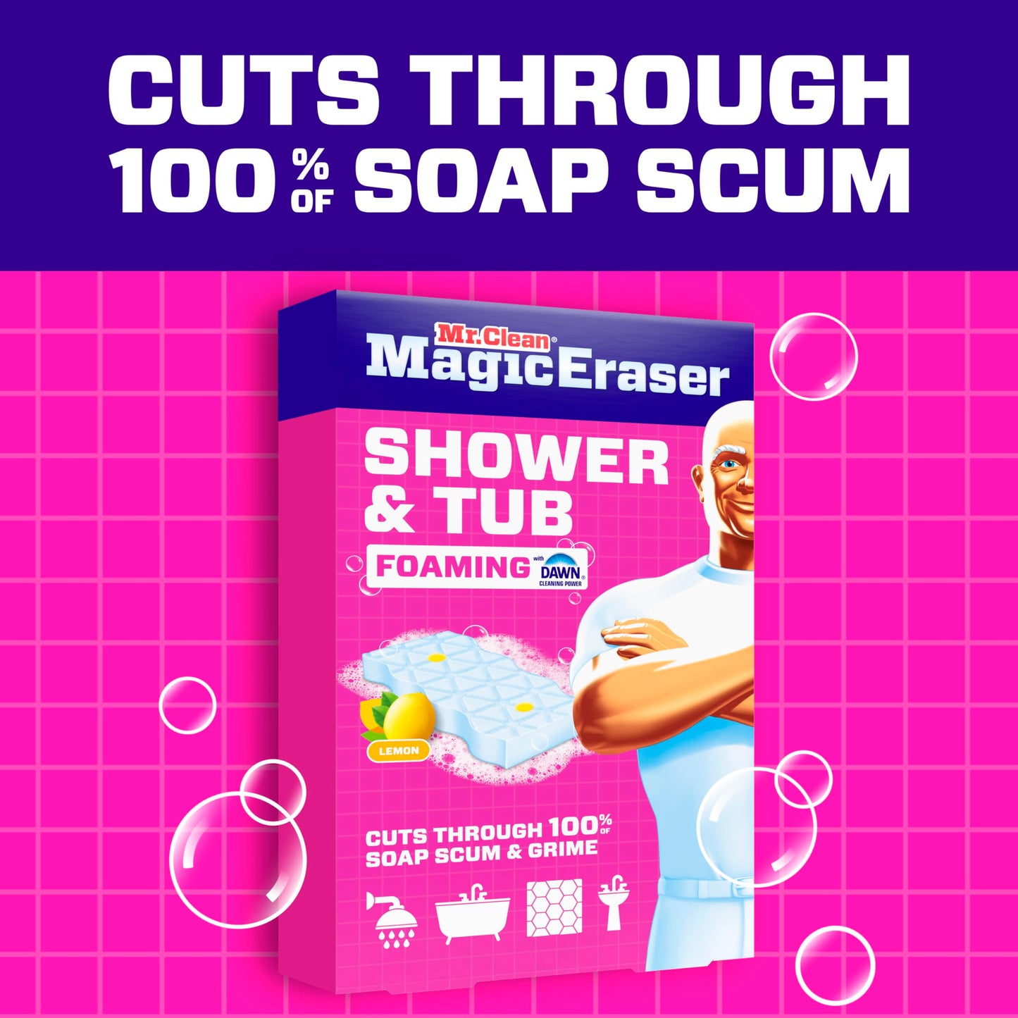 Mr. Clean Magic Eraser Sponge, Bathroom, Shower, Tub Cleaner, Soap Scum Remover, Bathroom Cleaning Supplies, Dawn Cleaning Power with Lemon Scent