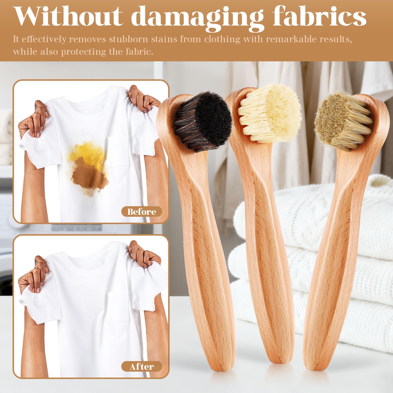 3 Pcs Wooden Laundry Stain Brush Stain Remover Dauber Brushes with Round Head Boar Bristle Small Stain Brush for Clothes for Scrubbing Stains from