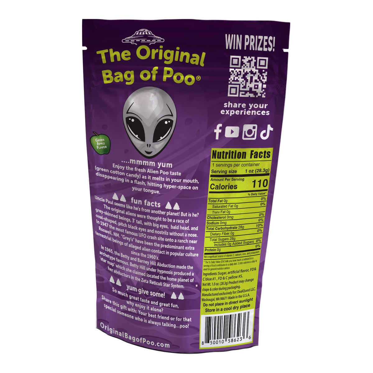 The Original Bag of Poo®, Alien Poo (Green Apple Flavor Cotton Candy) Novelty Poop Gag Gift. Free sticker inside.