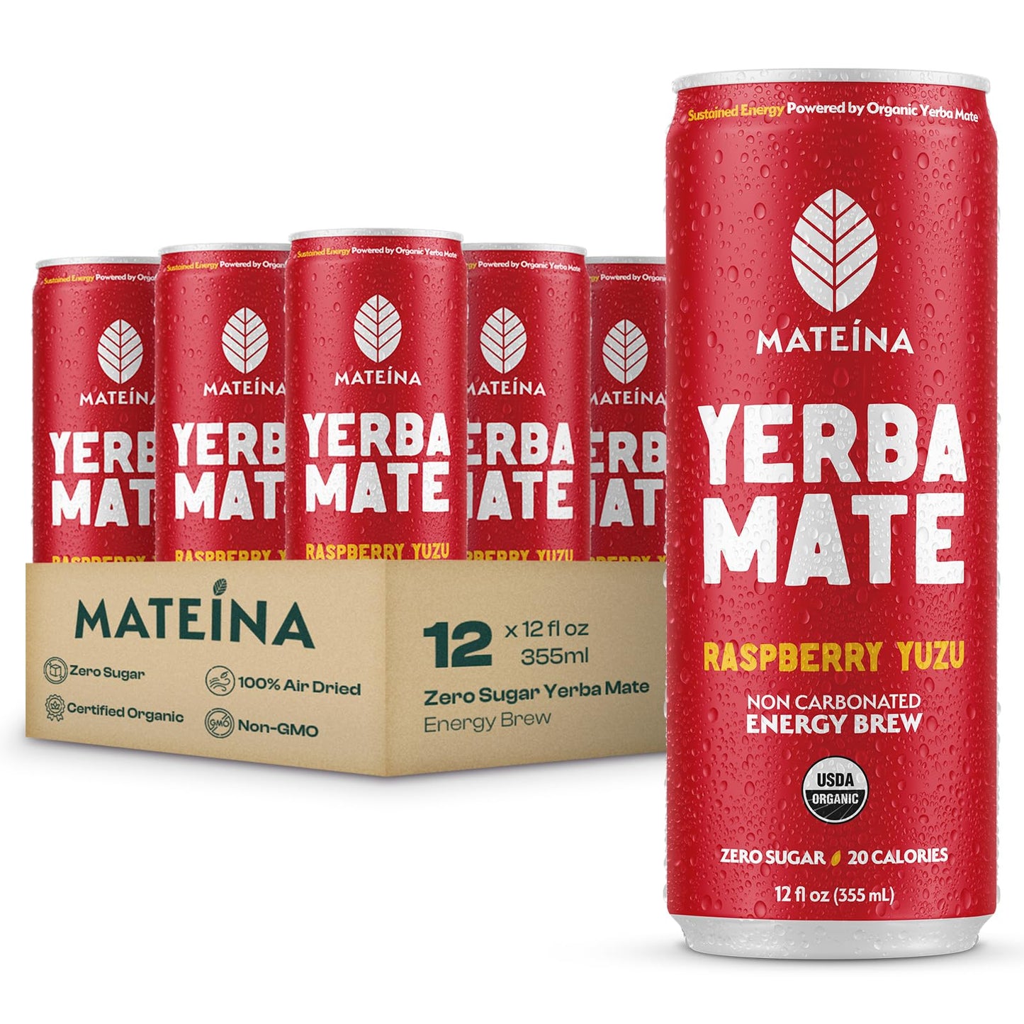 Mateina Yerba Mate Zero Sugar Energy Drink - 120mg Natural Caffeine - Organic, Non-GMO, Non-Carbonated - Dr. Andrew Huberman Recommended - (12 fl oz