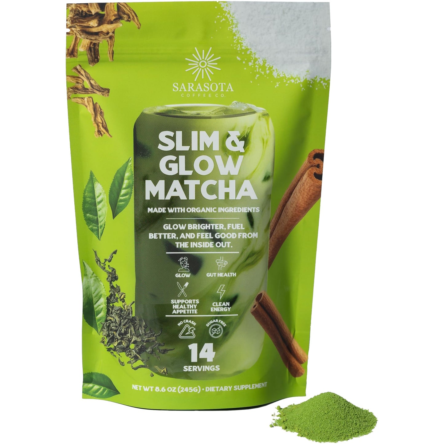 Slim & Glow Matcha Latte Powder - Collagen Peptides, Organic Matcha, Inulin Prebiotic Fiber, Green Tea Extract, Biotin - Gut Health, Craving Control