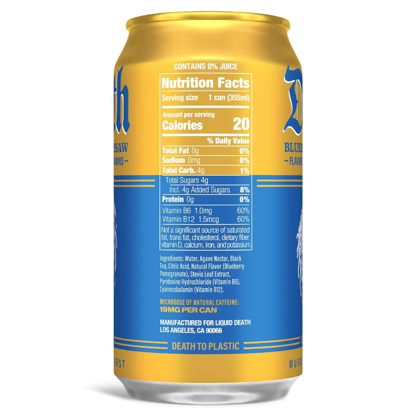 Liquid Death Iced Tea - Blueberry Buzzsaw (Blueberry-Flavored Black Tea), Less Sugar*, Boost of Caffeine, B Vitamins, No Artificial Sweeteners, 12 Fl