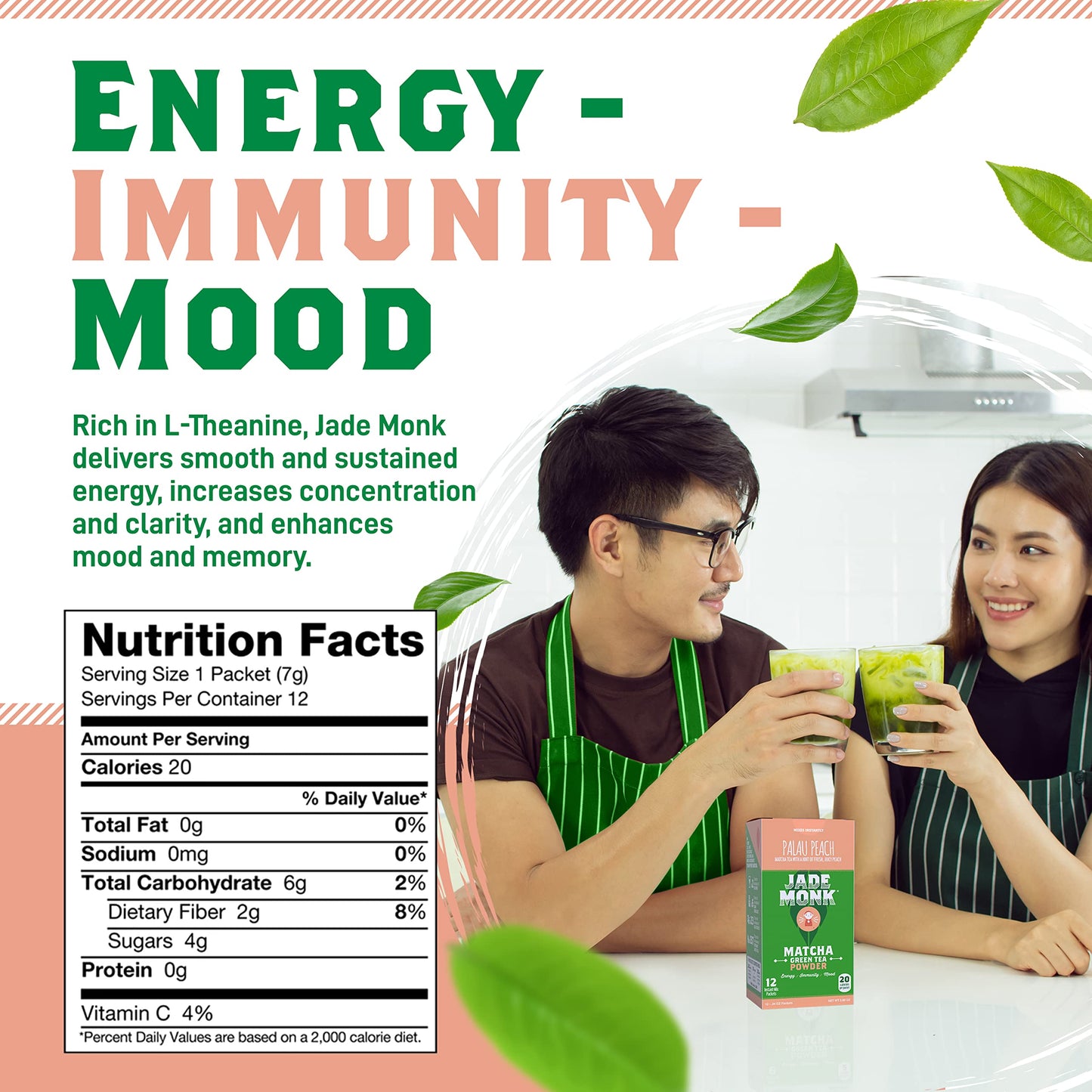 Matcha Green Tea Powder 100% Natural Antioxidant Infused Nutrient Rich Drink Mix, Palau Peach, 12 Single Serving Packets - Great For Home And On The