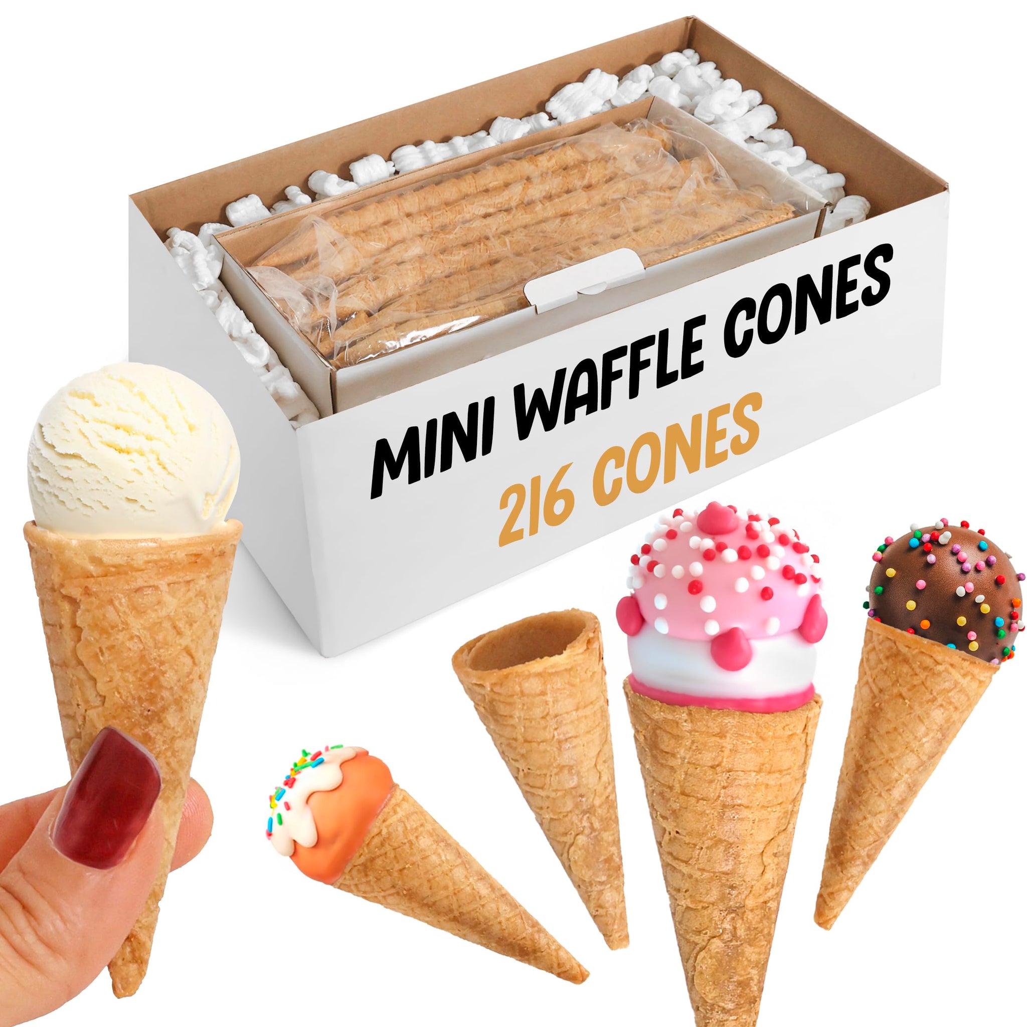 Mini Ice Cream Cones Bulk - 216 Mini Waffle Cones - Great For Cake Pops and More - Tiny Waffle Ice Cream Cones - Mini Sugar Cones Bulk - Packed