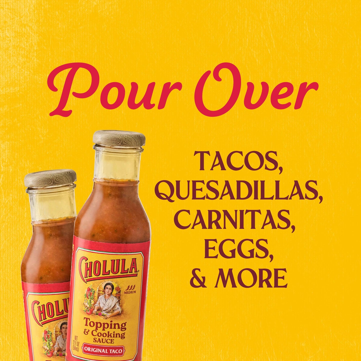 Cholula Topping & Cooking Sauce, Original Taco, Medium Heat, For Tacos, Quesadillas, Carnitas, Eggs, Dips and More, 12 fl oz