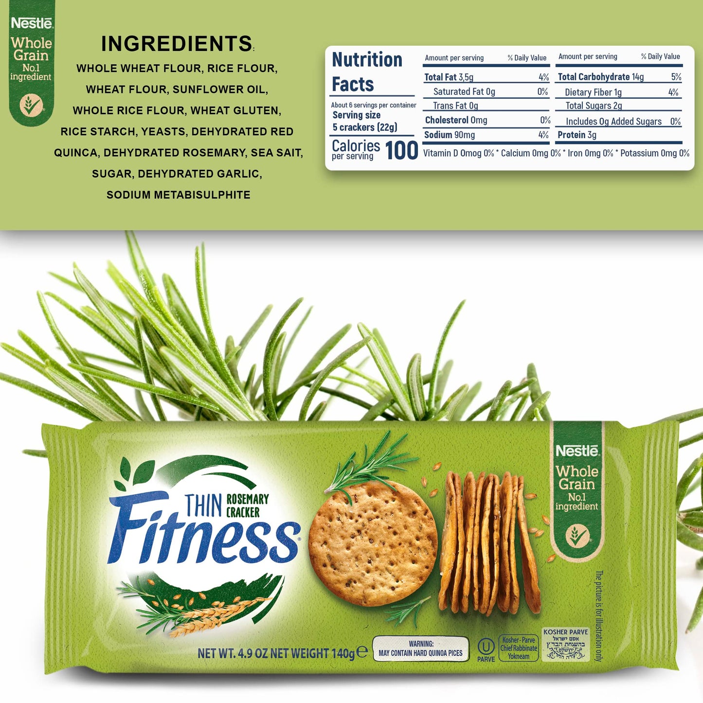 Nestle Fitness Thins Rosemary Crackers (2-Pack) 100 Calorie Per Serving, Whole Grain, Kosher Certified - Perfect for Dips and Spreads