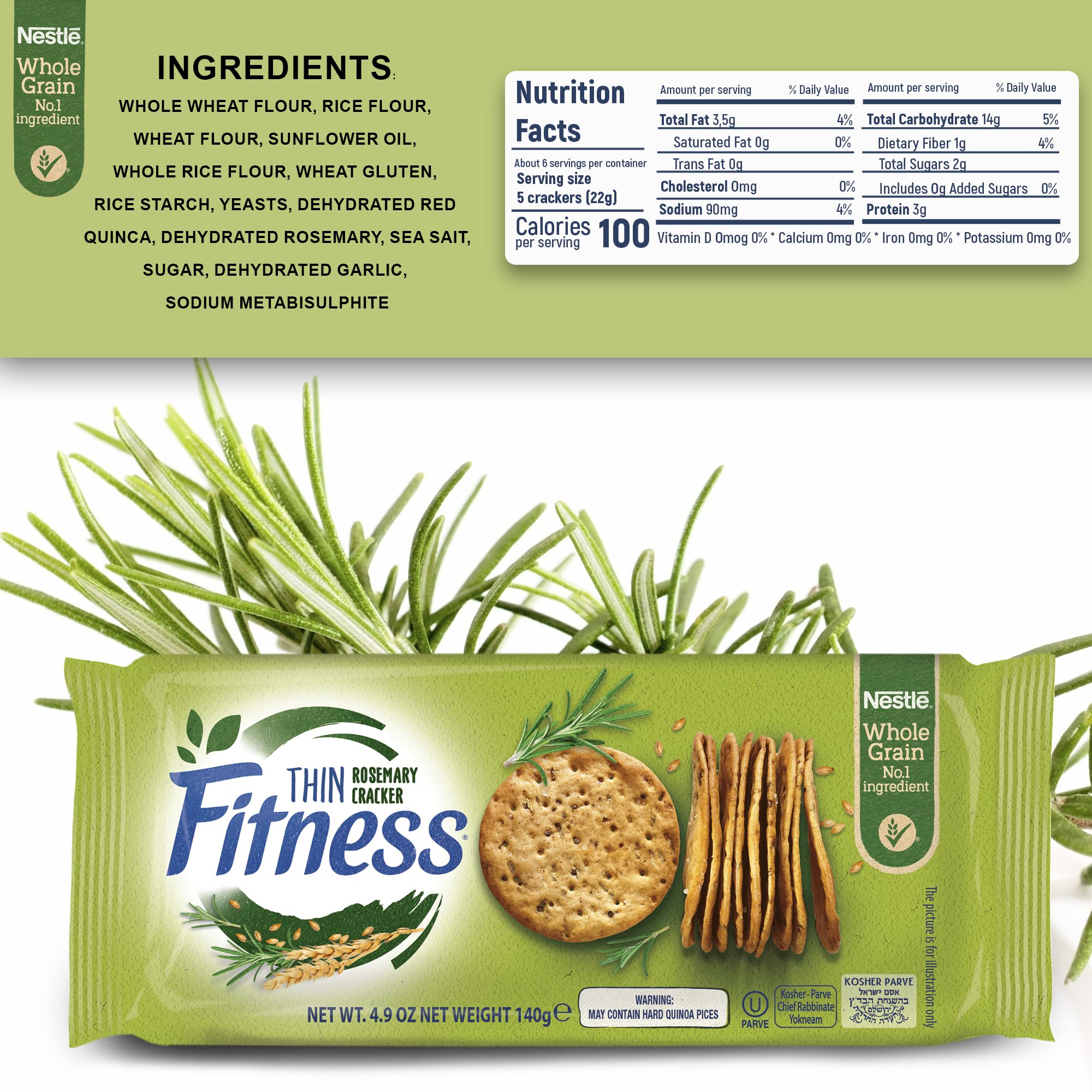Nestle Fitness Thins Rosemary Crackers (2-Pack) 100 Calorie Per Serving, Whole Grain, Kosher Certified - Perfect for Dips and Spreads