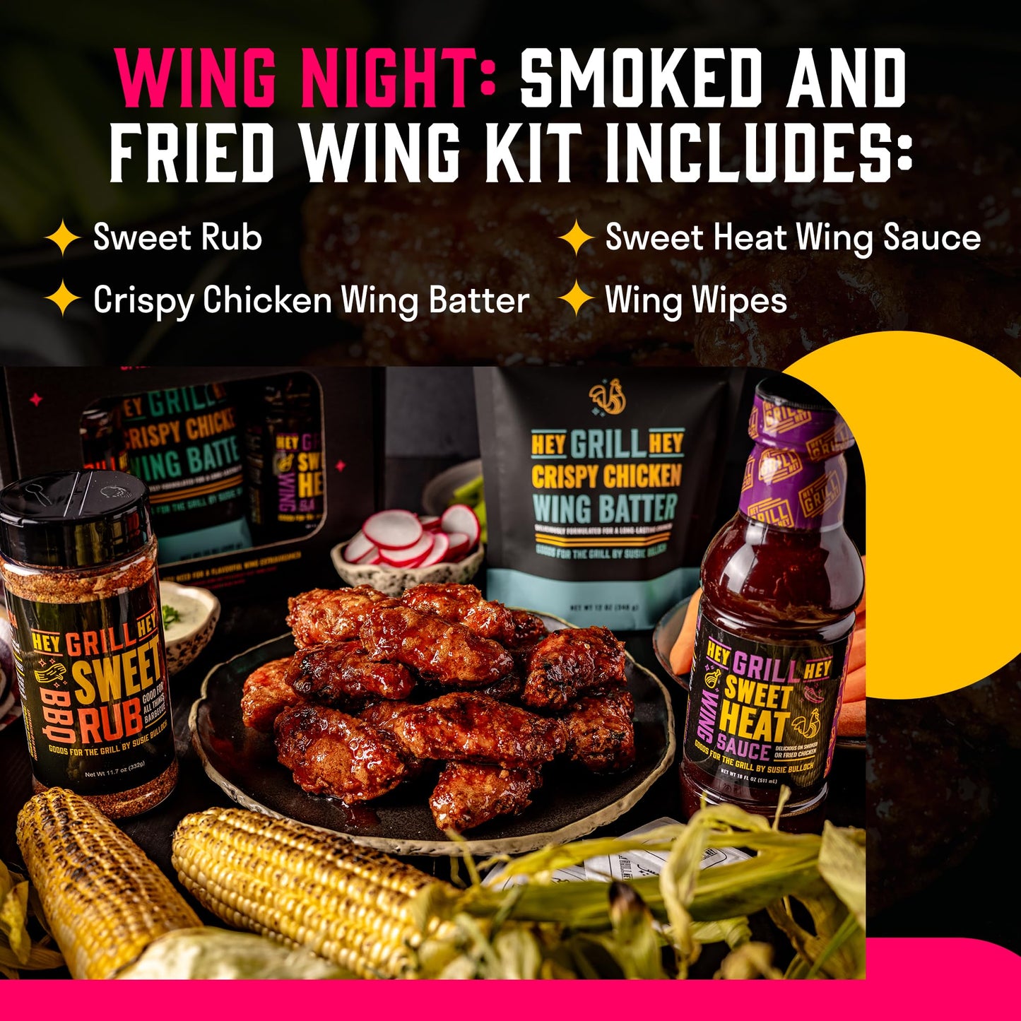 Hey Grill Hey | Chicken Wing Seasoning & Sauce Kit | All-in-one Crispy Batter, BBQ Rub, and Sweet Heat BBQ Sauce | Wing Night: Smoked & Fried Wing Kit