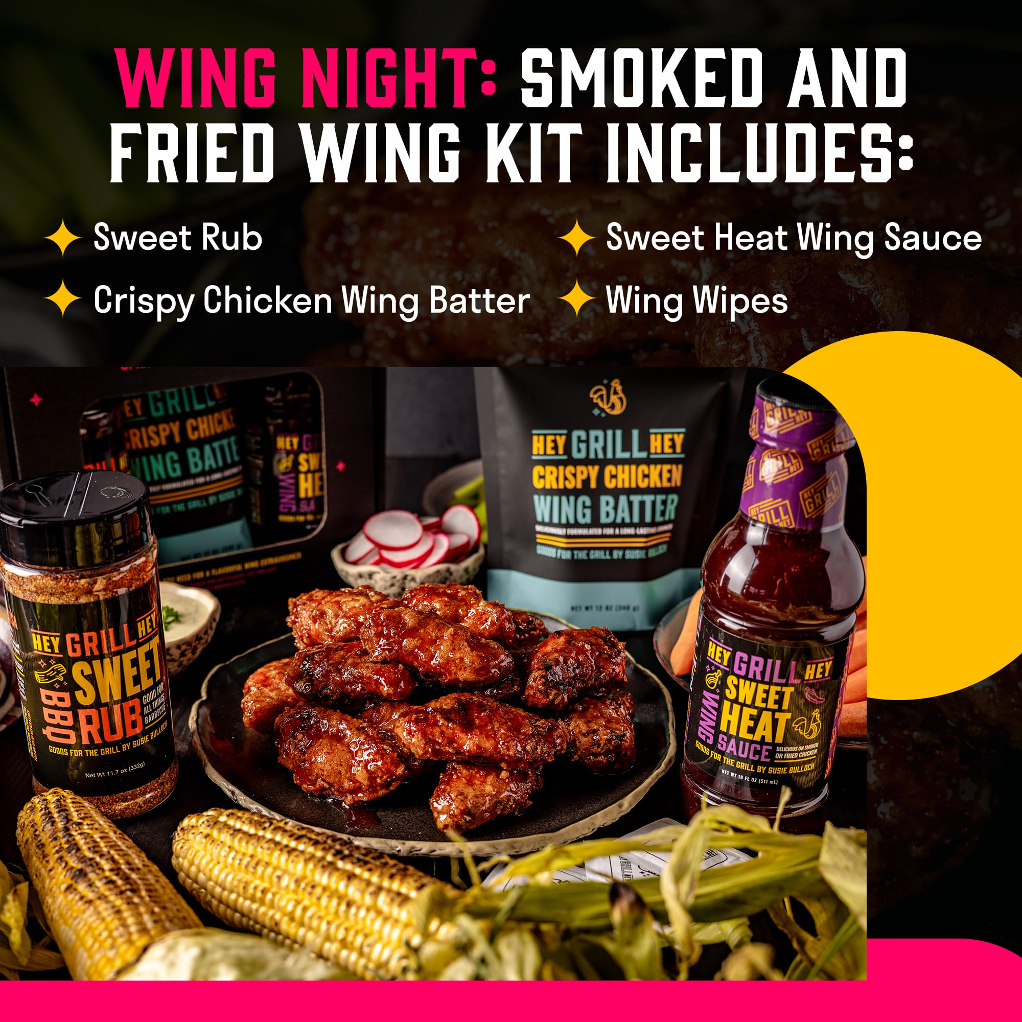 Hey Grill Hey | Chicken Wing Seasoning & Sauce Kit | All-in-one Crispy Batter, BBQ Rub, and Sweet Heat BBQ Sauce | Wing Night: Smoked & Fried Wing Kit