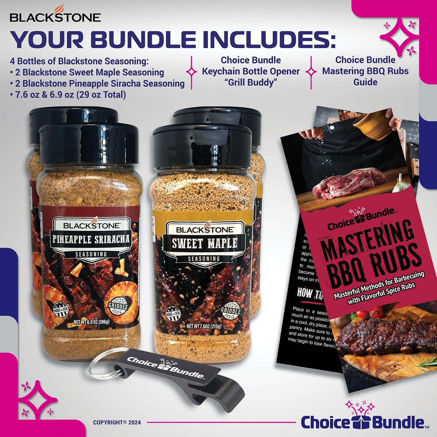 Blackstone Sweet Maple & Pineapple Sriracha Seasoning - Gourmet Griddle Premium BBQ Barbecue Rub 4 Pk Choice Bundle (29 oz) + BBQ Guide & Opener (6